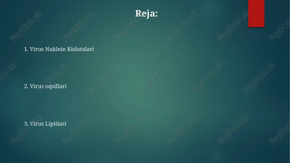 n kislotasidan va kapsid deb ataluvchi oqsil qobiqdan iborat. nuklein kislotalar: dnk va rnk dnt va rnk genetik ma'lumotni o'zida saqlaydigan nuklein kislotalardir. virusning genetik materiali yuqqan hujayralarda yangi virus zarrachalarining ishlab chiqarilishini boshqaradi. viruslar genetik materialdan (dnk yoki rnk) iborat boʻlib, u oqsil qobiq bilan oʻralgan. viruslarning kimyoviy tarkibi turga qarab nuklein kislotalar, oqsillar, lipidlar va uglevodlarni o'z ichiga oladi. viruslar mustaqil ravishda ko'payish uchun zarur mexanizmlarga ega emas va ko'payish uchun mezbon hujayraga muhtoj. viruslar oqsil qobiq bilan o'ralgan genetik material (dnt yoki rnk) dan iborat bo'lgan jonsiz yuqumli agentlardir. virus faoliyatida kimyoviy tarkibning ahamiyati bu komponentlar birikib, biriktirish, kirish, ko'payish, yig'ish va chiqarish kabi muhim funktsiyalarni bajaradi. kimyoviy tarkib virus tuzilishini, ko'payishini va mezbon bilan o'zaro ta'sirini belgilaydi. viruslar nuklein kislotalar (dnk yoki rnk), oqsillar va ba'zan lipidlar va uglevodlarni o'z ichiga oladi. oqsillar: kapsid va fermentlar oqsillar virusning genetik materialini himoya qiladigan kapsidni hosil qiladi. fermentlar …