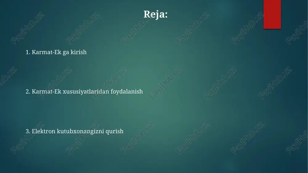 jarayonini kuzatish kabi interfaol xususiyatlar. foydalanuvchi tajribasini yaxshilash uchun ilg'or qidirish va olish funksiyalarini amalga oshirish. boshqa kutubxona boshqaruv tizimlari bilan birlashtirish orqali ma'lumotlarni uzluksiz almashish. mobil ilovalarni ishlab chiqish: sayohatda raqamli kutubxonaga kirish. amalga oshirish bosqichlari kirish huquqlarini, qidirish imkoniyatlarini va boshqa foydalanuvchi sozlamalarini sozlang. mavjud kutubxona ma'lumotlarini (kitoblar, foydalanuvchilar va h.k.) karmat-ekga import qiling. serverga karmat-ek dasturini o'rnating. tizim arxitekturasi karmat-ek server: asosan kutubxona dasturiy ta'minotini joylashtiradi, foydalanuvchi hisoblarini boshqaradi va raqamli aktivlarni saqlaydi. ma'lumotlar bazasi: kutubxona metama'lumotlarini, foydalanuvchi profillarini va kirish jurnallarini saqlaydi. mijoz dasturlari: kutubxona resurslarini ko'rish, qidirish va ulardan foydalanish uchun foydalanuvchi interfeysi (masalan, veb-brauzer, mobil ilovalar). holatlarni tahlil qilish "karmat-ek"ni samarali elektron kutubxona boshqaruvi uchun qo'llash. "karmat-ek"ni turli kutubxona muhitlarida muvaffaqiyatli qo'llash bo'yicha misollar. "karmat-ek" ning foydalanuvchi tajribasi, resurslarga kirish imkoniyati va kutubxona faoliyatiga ta'sirini tahlil qilish. xavfsizlik va kirish nazorati xavfsizlik choralar: kutubxona resurslarini himoya qilish uchun ma'lumotlarni shifrlash, zaxira nusxalarini yaratish va …