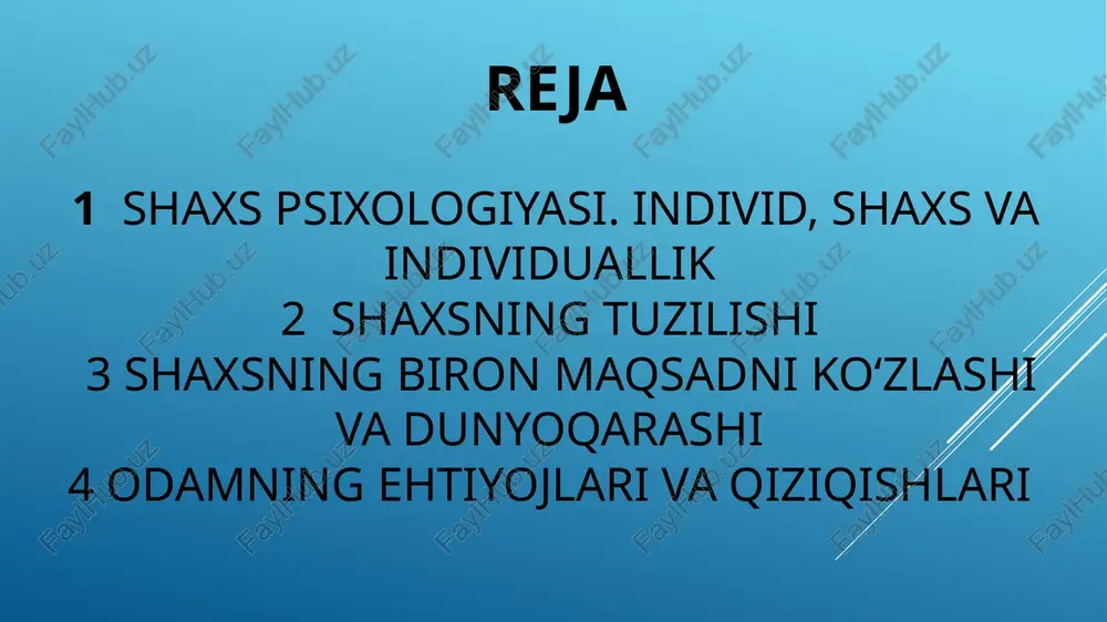 ib kelinadi, chunonchi: odam, shaxs, individuallik. ularning mohiyatini aniqroq izohlab berish uchun har birining psixologik tabiatini tahlil qilish maqsadga muvofiq 1. odam: sut emizuvchilar sinfiga dahldorlik, biologik jonzod ekanligi odamning o‘ziga xos xususiyatidir. ijtimoiy jonzod sifatida odam ong bilan qurollanganligi tufayli borliqni ongli aks ettirish qobiliyatidan tashqari o‘z qiziqishlari va ehtiyojlariga mutanosib tarzda uni o‘zgartirish imkoniyatiga ham egadir 2. shaxs. mehnat tufayli hayvonot olamidan ajralib chiqqan va jamiyatda rivojlanuvchi, til yordami bilan, boshqa kishilar bilan muloqot (muomala) ga kirishuvchi odam shaxsga aylanadi. ijtimoiy mohiyati shaxsning asosiy tavsifi hisoblanadi 3. individuallik. har qaysi inson betakror o‘ziga xos xususiyatlarga ega. shaxsning o‘ziga xos qirralarining mujassamlashuvi individuallikni vujudga keltiradi. individual shaxsning intellektual, emotsional va irodaviy sohalarida namoyon bo‘ladi s.l.rubinshteyn bo‘yicha shaxs quyidagi tuzilishga ega: 1. yo’nalganlik - ehtiyojlar, qiziqishlar, ideallar, e‟tiqodlar, faoliyat va xulqning ustuvor motivlari hamda dunyoqarashlarda ifodalanadi. 3. individual tipologik xususiyatlar - temprament, xarakter, qobiliyatlarda aks etadi. 2. bilimlar, ko’nikmalar, malakalar …