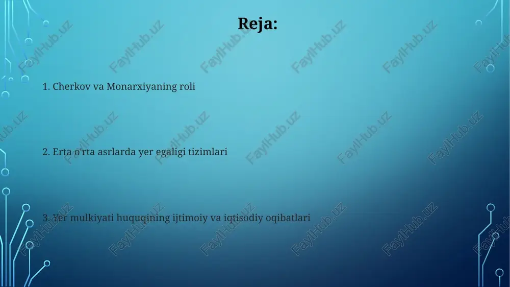 ko'pchilik yerlar feodal yer egallash shakli ostida bo'lgan. erta o'rta asrlarda yerga ega bo'lish munosabatlari feodal xo'jayinlar va vassallar o'rtasidagi murakkab munosabatlar bilan tavsiflangan. qirolning rolı yer egaligi tizimi ijtimoiy va siyosiy ierarxiya bilan chambarchas bog'liq bo'lib, feodal tuzumni shakllantirdi. vazirlar yerni feodal sifatida egallab turardi, ular meros qilib olinishi mumkin edi, lekin shohga majburiyatlarni bajarishga bog'liq edi. germaniyaliklar bosqinlari va uning ta'siri germaniyaliklar bosqinlari til, qonun va ijtimoiy tuzumda o'zgarishlarga olib keldi. germaniya qabilalari rim imperiyasini buzib, uning qulashiga va yangi shohliklarning paydo bo'lishiga olib keldi. feodalizmning ko'tarilishi manorializm rivojlandi, yer egalari o'z mulklari ichida yer va dehqon mehnatini nazorat qilib, yer mulkchiligi va majburiyatlar ierarxiyasini yaratdi. markaziy rim hokimiyatining pasayishi mahalliy hokimiyat tuzilmalarining paydo bo'lishiga olib keldi, bu erda kuchli lordlar harbiy xizmat evaziga yer ajratishgan. manor tizimi yerga ega bo'lish huquqlari va majburiyatlar ierarxiyasiga asoslangan edi. dehqonlar himoya va kun ko'rish evaziga yerni ishladilar. rim merosi rimliklarning …