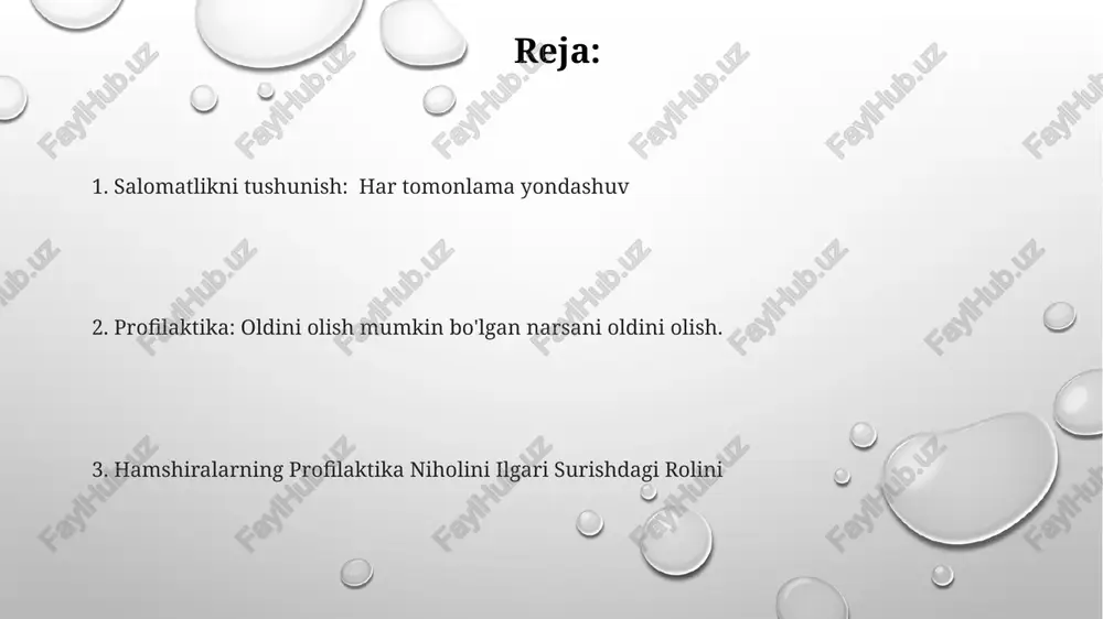 ning profilaktikaga ko'maklashishdagi roli sog'liqni saqlash: profilaktika jihatidan tushuncha va ahamiyati hamshiralar: profilaktika xizmatining qo'riqchilari e'tiboringiz uchun rahmat @taqdimot_robot image1.png image2.png image3.png