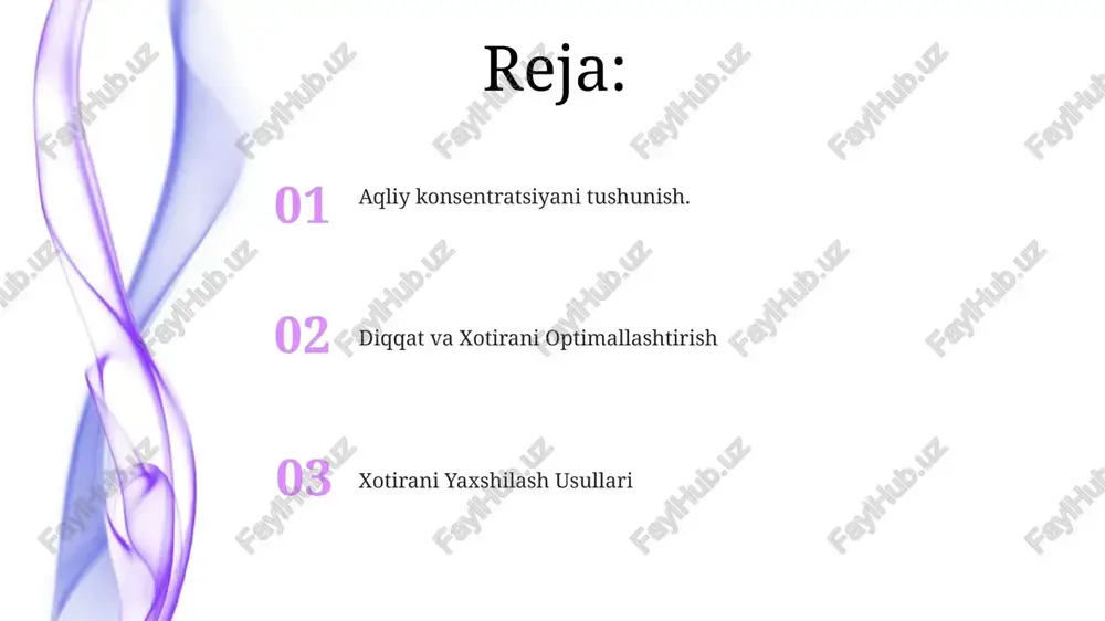 llar yordam beradi. xotira fokusida ma'lumot bilan faol ishlash, eslab qolishni mustahkamlash uchun takrorlash, bog'lash va vizualizatsiya kabi usullardan foydalanish kiradi. vizualizatsiya kuchidan foydalanish xotira ustasi: eslab qolishni va saqlashni yaxshilash uchun mnemonik usullar, takrorlash va bog'lashdan foydalaning. muvaffaqiyatni tasavvur qiling: maqsadlaringizni jonli tasavvur qiling, motivatsiyani va ishonchni oshirish uchun. aqliy diqqat nima? aqliy va xotira konsentratsiyasi samarali o'rganish, muammolarni hal qilish va umuman kognitiv funktsiyalar uchun muhimdir. aqlni jamlash fikrlaringizni va e'tiboringizni faol ravishda yo'naltirishni, xotira fokus esa ma'lumotni eslab qolish va saqlashni anglatadi. distraksiyalarni yengish diqqatni jamlash mashqlari bilan shug'ullaning: meditasiya yoki chuqur nafas olish mashqlari kabi diqqatni jamlashni talab qiladigan faoliyatlar bilan shug'ullaning. xotira texnikalaridan foydalaning: eslab qolishni yaxshilash uchun mnemonik qurilmalar, masalan, qisqartmalar, vizualizatsiya va takrorlashni bo'sh joy bilan foydalaning. uyqu va xotirani mustahkamlash uyqu xotirani mustahkamlash, kun davomida hosil bo'lgan xotiralarni mustahkamlash uchun juda muhimdir. yetarli uyqu aqliy konsentratsiyani va diqqatni yaxshilaydi, bilişsel faoliyatni oshiradi. …