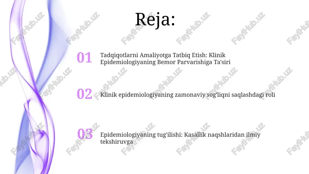 ologiyaning sog'liqni saqlashdagi asosiy vazifalari sog'liqni saqlash aralashuvlarining samaradorligini va xavfsizligini baholash. sog'liqni saqlash sifatini va samaradorligini oshirish uchun strategiyani ishlab chiqish va amalga oshirish. aholi salomatligi muammolarini aniqlash va miqdoriy jihatdan baholash. epidemiologiyaning ilm sifatidagi rivojlanishi epidemiologiyaning rivojlanishi qadimiy tsivilizatsiyalar davriga borib taqaladi, uning taraqqiyoti jon sno va florensiya naytingeyl kabi muhim shaxslar tomonidan ilgari surilgan. klinik epidemiologiya epidemiologiya tamoyillarini klinik amaliyotga qo'llashga qaratilgan bo'lib, bemorlarga g'amxo'rlik qilish va sog'liqni saqlash sohasida qaror qabul qilishni yaxshilashga qaratilgan. epidemiologiya fan sifatida shakllanishida statistik usullar, kasalliklarni kuzatish va xavf omillari hamda sababiy munosabatlarni aniqlash birlashtirilgan. klinik epidemiologiya: maqsad va soha klinik epidemiologiya ta'rifi: klinik sharoitlarda kasalliklarning yuzaga kelishini va ularning ta'sirini o'rganish. maqsad va vazifalar: bemorlarga g'amxo'rlikni yaxshilash, klinik qarorlarni xabardor qilish va sog'liqni saqlash aralashuvlarini baholash. klinik tibbiyot va an'anaviy epidemiologiyaning birikmasidan kelib chiqqan. klinik epidemiologiyaning tadqiqotdagi qo'llanilishi epidemiologiya fani shakllanishi: jamoat salomatligidan kelib chiqqan, kasallik naqsh va omillarini aholining …