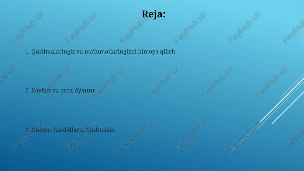 havolalar va elektron pochta xabarlarga ehtiyot bo'ling va har qanday potentsial tahdidlarni tegishli organlarga xabar qiling. kuchli parol ishlating va qo'shimcha xavfsizlik uchun ikki omilli autentifikatsiyani yoqing. xavfsiz onlayn muhit yaratuv: eng yaxshi amaliyotlar kuchli parol va ikki omilli autentifikatsiyadan foydalaning. dasturlarni yangilab turing va antivirus o'rnating. ijtimoiy tarmoqlar xavfsizligi: shaxsiy ma'lumotlaringizni himoya qilish firibgarliklardan ehtiyot bo'ling: fishing urinishlarini, zararli dasturlarni va shubhali havolalarni aniqlang va ulardan qoching. kuchli parol va maxfiylik sozlamalari: yagona, murakkab parollardan foydalaning va ma'lumotlarning ko'rinishini boshqarish uchun maxfiylik sozlamalarini sozlang. onlayn xarid xavfsizligi: firibgarlikni aniqlash juda ham arzon narxlarda taklif qilingan kelishuvlarga ehtiyot bo'ling: haqiqiy bizneslar haqiqatdan ham past narxlarni taklif qilmaydi. shaxsiy ma'lumotlaringizni himoya qiling: xavfsiz bo'lmagan veb-saytlarda nozik ma'lumotlarni baham ko'rmang va kuchli parol ishlating. kutilmagan birikmalar yoki shaxsiy ma'lumotlarni so'rashga ehtiyot bo'ling. havolalarda xato yozilgan so'zlar yoki g'ayrioddiy belgilarni qidirib toping. ikki omilli autentifikatsiya: qo'shimcha himoya qatlami ikki omilli autentifikatsiya (2fa) sizning …
