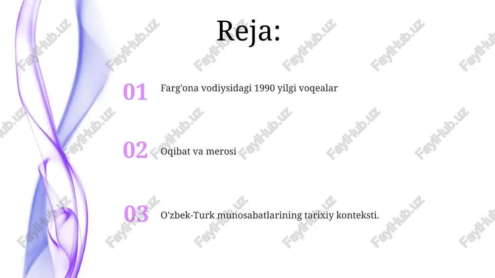 latlararo ziddiyatlar va iqtisodiy tengsizliklar farg'ona vodiysida millatlararo nizolar va iqtisodiy tengsizliklar mojaro sabablari hisoblanadi. o'zbek-turk mojarosi tarixiy shikoyatlar va resurslar uchun raqobatdan kelib chiqqan. kelajak istiqbollari kelajak uchun istiqbollar: siyosiy va iqtisodiy beqarorlik tufayli noaniq kelajak, ham ziddiyat, ham hamkorlik imkoniyati mavjud. farg'ona vodiysidagi voqealar: etnik-diniy ziddiyatlar va chegaralar bo'yicha nizolar zo'ravonlik va ko'chirishga olib keldi, bu hududning mo'rtligini namoyish etdi. e'tiboringiz uchun rahmat @taqdimot_robot image4.jpg image5.jpg image6.jpg image7.jpg image8.jpg image9.jpg image10.jpg image11.jpg image12.jpg image13.jpg image1.jpeg image2.jpeg image3.jpeg