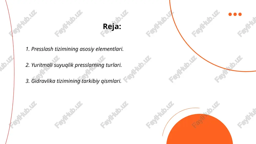 idravlik nasos gidravlik energiyani yaratuvchi birinchi bo‘g‘in hisoblanadi. gidravlik suyuqlik, odatda, gidravlika yog‘i, gidravlik energiyani tizim bo‘ylab uzatadi. klapanlar gidravlik suyuqlik oqimining yo‘nalishi va bosimini boshqaradi. gidravlik silindrlar yoki gidromotorlar bu energiyani mexanik harakatga aylantiradi. qabul qilgichlar (akumulatorlar) gidravlik suyuqlikni saqlaydi va zarbalarni yutadi. filtrlar esa suyuqlikni toza saqlash uchun zarurdir. shlanglar va quvurlar suyuqlikni har xil joylarga yetkazishda qollanadi. manometrlar bosimni nazorat qilish uchun ishlatiladi. har bir komponent tizimning samaradorligini oshirish va ishonchliligini ta’minlash uchun birgalikda ishlaydi. ... t.me/slaydai_bot bosim nazorati imkoniyatlari. bosim nazorati imkoniyatlari zamonaviy tibbiyot va texnologiyalar sohasida kengaymoqda. tibbiy texnologiyalar sohasida rivojlanayotgan uskunalar bosimni real vaqt rejimida kuzatishga imkon beradi. bosimni oʻlchash uchun uyda foydalanish mumkin bo'lgan qandaysiz touristal uskunalar, ya'ni avtonom sonometriya moslamalari bor. mobil ilovalar orqali har kuni bosim ma'lumotlari qayd etilib, tahlil qilinishi mumkin. statistik ma'lumotlarga koʻra, global darajada gipertoniya bilan og'rigan aholining 30-45 foizi uyda bosimni muntazam nazorat qiladi. shu bilan birga, …