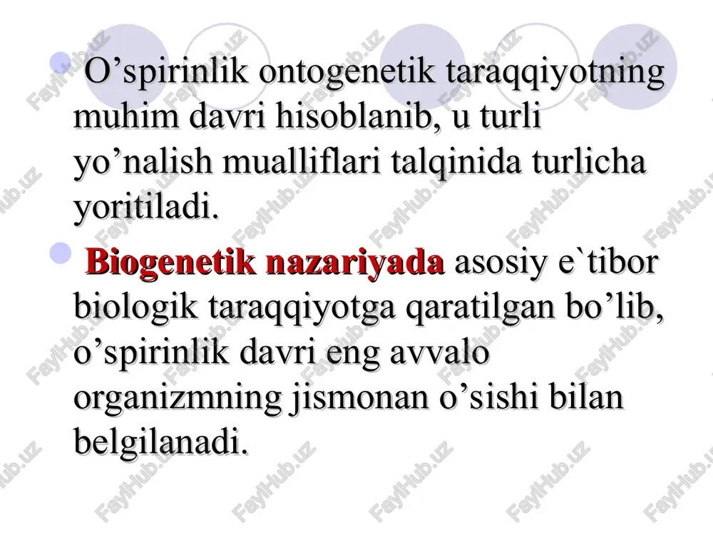 sniflaydi: ota-onadan emotsional mustaqillikka erishish; -kasbiy kareraga tayyorlash va ta`lim olish; -oilaviy hayotga tayyorlash; -ijtimoiy mas`uliyatli xulq-atvorni, faol fuqarolik hissini shakllanishi; -ichki qadriyatlar tizimini qurish va ahloqiy o’zini o’zi anglash. rossiyalik psixologlar tomonidan o’spirinlik davri bu mustaqillikka, o’zini o’zi anglashga o’tish, psixologik g`oyaviy va fuqarolik hissini kamol topish, dunyoqarashning shakllanishi, ahloqiy o’zini o’zi anglash davri l.i.bojovichning fikricha, o’smir kelajakka bugunning ko’zi bilan boqsa o’spirin bugunga kelajak ko’zlari bilan boqadi. o’spirinlik davrida vaqt gorizontlari kengayadi-kelajak muhim voqelikka aylanadi. shaxs yo’nalganligi o’spirinning kelajak haqidagi tasavvurlari bilan bog`liq ravishda o’zgaradi. kelajakka yo’nalganlik, hayot rejalarini tuzish-o’spirin hayotining “affektiv markazidir”. d.b.elkonin va a.n.leontevlarning psixologik davrlashtirishlarida o’spirinlik davridagi etakchi faoliyat sifatida o’quv kasbiy faoliyat ko’rsatilgan. d.i.feldshteynning fikricha, o’spirinlik davridagi taraqqiyotni ushbu davrdagi etakchi faoliyat mehnat va o’qish belgilaydi. ilk o’spirinlik davrining psixologik xususiyatlari bu jismoniy jihatdan voyaga etishi, maktabni bitirgandan keyin mustaqil hayot kechirish, ishlab chiqarishda mehnat qilishi va oliy o’quv yurtida o’qishi uchun etarli bo’ladigan …