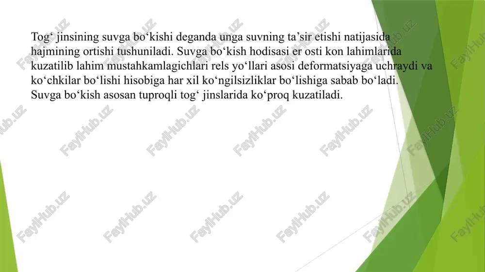 o‘lgan metal disk. 7. yengil plastmassali porshen.8. pribor tag qismiga suvni o‘tkazuvchi kamera.9. suvni o‘tkazuvchi kamera ichida joylashgan konusli klapn (po‘kak). 10. suv o‘lchash trubkasi.11. po‘kak klapn suv o‘lchash trubkasiga kirish kanali.12. trubka shkalalari.13. suv o‘lchash trubkasi qopqog‘i.14. suvni ochuvchi kran (jo‘mrak) ishni bajarish tartibi 1. xalqasimon metal disk og‘irligi texnik tarozida 0,01 gr aniqlikda o‘lchanadi (g1) 2. disk grunt monoliti yuzasiga joylashtiriladi va bosim berish orqali monolit ichiga botiriladi. bosim berish disk ustida balandligi 1÷1,5 sm bo‘lgan grunt qatlami hosil bo‘lguncha davom ettiriladi, shundan so‘ng diskni ehtiyotkorlik bilan ko‘tarib olish uchun disk qirralari atrofi qirquvchi halqa yordamida tozalanadi. ushbu operatsiyani ehtiyotkorlik bilan bajarish kerak, chunki disk ustidagi grunt qalinligi bir tekisda bo‘lishi kerak. 3. disk va grunt massasi birgalikda texnik tarozida 0,01 gr aniqlikda o‘lchanadi (g2). 4. suv o‘lchash trubkasiga suv quyiladi va jo‘mrak engil buraladi. 5. pribor tubiga gruntli disk o‘rnatilib, disk ustidagi namuna ustiga porshen o‘rnatiladi. 6. …