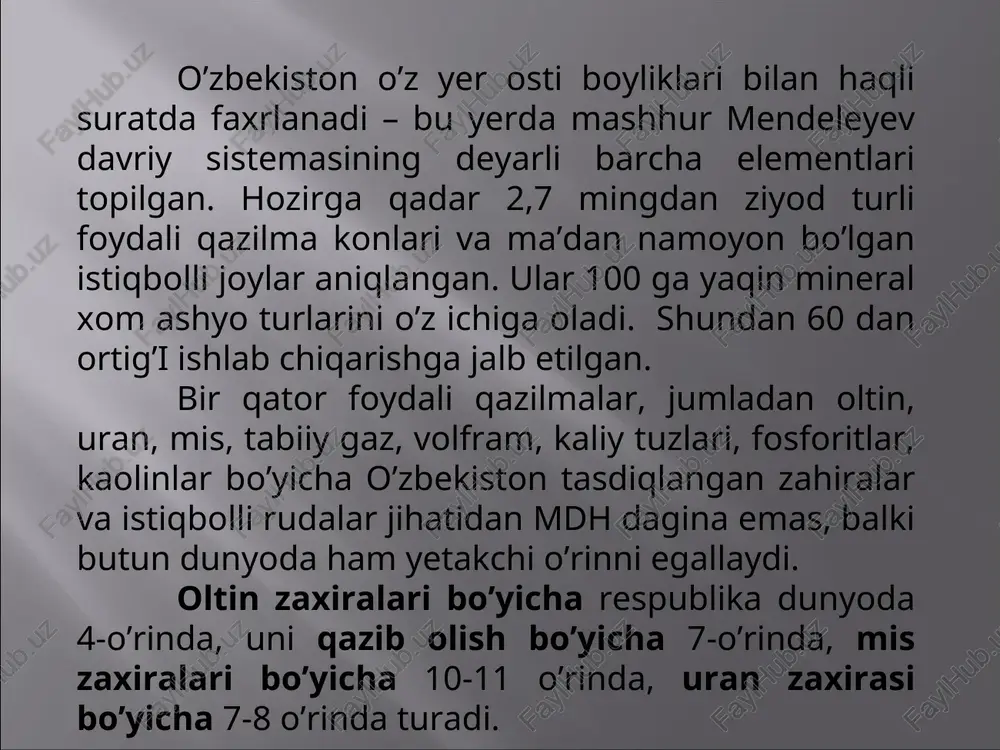 in o’zbekiston katta ko’mir zahiralariga ega. uning geologik zahiralari bo’yicha markaziy osiyoda ikkinchi o’rinda turadi. o’zbekistonda ko’mir angren, sharg’un va boysun konlarida qazib chiqariladi. ularning umumiy zahirasi – 2 milliard tonna. ular orasida angren ko’mir koni eng noyob kon hisoblanadi. bu yerda ko’mir zahiralari ilg’or hamda iqtisodiy jihatdan maqsadga muvofiq usullar bilan: 150-250 metr chuqurlikdagi ko’mir qatlamlarini ochiq usulda, yer osti usulida va yer ostida gazga aylantirish usulida qazib olinmoqda. ko’mir bilan birga juda qimmatbaho mineral xom ashyo zahiralari: kaolinlar, ohaktoshlar, kvarts qumlar, tosh qotishmalar va kam uchraydigan boshqa elementlar ham qazib olinmoqda. angren kaolinidan sanoatning ko’pgina tarmoqlarida glinozyom (alyuminiy oksidi) va alyuminiy, o’tga chidamli materiallar, keramik qoplamalar, pardozlash plitkalari, chinni va fayans elektr izolyatorlar, drenaj va kanalizatsiya quvurlari, qog’oz sanoatida ishlatiladigan to’ldirgich, oq va rangli sement, o’ta pishiq g’isht kabi mahsulotlarni tayyorlash uchun xom-ashyo sifatida foydalanish mumkin. coal o’zbekiston dunyodagi juda katta oltin, kumush va boshqa qimmatbaho hamda yer …