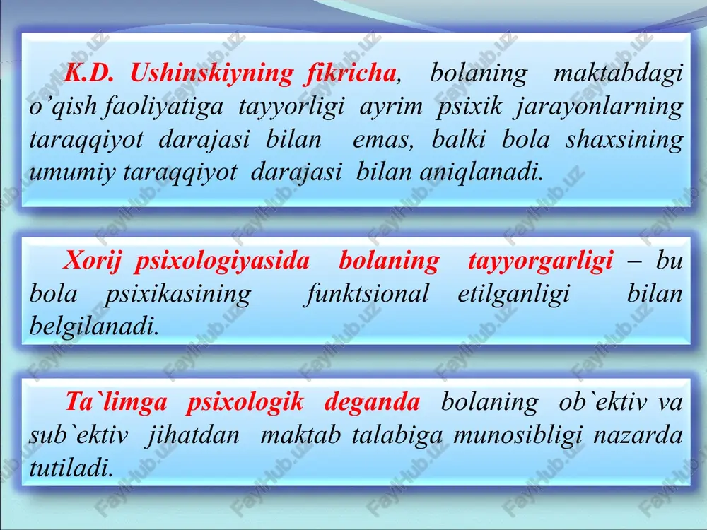 arayonlari rivojlanish darajasiga e`tibor beriladi. l.s. vigotskiy va l.i. bojovichlarning fikriga ko’ra bola agar atrov muhitdagi narsa va hodisalarni umumlashtirish va farqlash qobiliyatiga ega bo’lsa maktabga intellektual tayyordir. - bolalarning o’z harakatlarining usulini umumlashtirgan holda aniqlab beruvchi qoidaga ongli ravishda bo’ysundira olishi; d.b. elkonin o’quv faoliyatini muvaffaqiyatli egallash uchun zarur bo’lgan asoslarni tahlil qilgan holda quyidagilarni ajratadi: -berilgan talablar tizimida harakat qila olish. l.i. bojovich, d.b. elkoninning fikricha maktab ta`limiga bo’lgan shaxsiy tayyorgarlikni tavsiflab, avvalam bor, bolaning doimiy va ixtiyoriy sohalarini rivojlanishini ko’zda tutadi. maktabga psixologik tayyorgarlikda ta`limning quyidagi omillarni ajratiladi: ta`limning bilish omillari l.i.bojovichning fikricha bolalarning bilishga qiziqishlari, intellektual faollikka bo’lgan ehtiyoj va yangi qobiliyat , ko’nikma va bilimlarni egallashga ehtiyoj kiradi. ta`limning ijtimoiy omillari yoki ta`limning keng ijtimoiy omillari l.i.bojovich bolaning boshqalari bilan muloqotda bo’lishga, ularni baholash va qo’llab-quvvatlashga bo’lgan ehtiyojlari, o’quvchining unga tushunarli bo’lgan ijtimoiy munosabatlar tizimida muayyan o’rnini egallash istagi bilan bog`liq. l.i. bojovichning fikricha maktab …