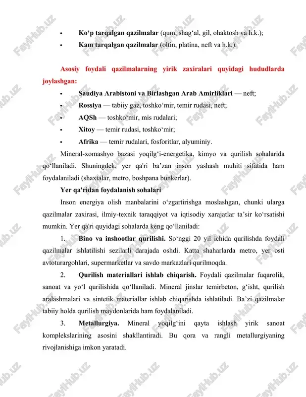 shpana bunkerlar). yer qa'ridan foydalanish sohalari inson energiya olish manbalarini o‘zgartirishga moslashgan, chunki ularga qazilmalar zaxirasi, ilmiy-texnik taraqqiyot va iqtisodiy xarajatlar ta’sir ko‘rsatishi mumkin. yer qa'ri quyidagi sohalarda keng qo‘llaniladi: 1. bino va inshootlar qurilishi. so‘nggi 20 yil ichida qurilishda foydali qazilmalar ishlatilishi sezilarli darajada oshdi. katta shaharlarda metro, yer osti avtoturargohlari, supermarketlar va savdo markazlari qurilmoqda. 2. qurilish materiallari ishlab chiqarish. foydali qazilmalar fuqarolik, sanoat va yo‘l qurilishida qo‘llaniladi. mineral jinslar temirbeton, g‘isht, qurilish aralashmalari va sintetik materiallar ishlab chiqarishda ishlatiladi. ba’zi qazilmalar tabiiy holda qurilish maydonlarida ham foydalaniladi. 3. metallurgiya. mineral yoqilg‘ini qayta ishlash yirik sanoat komplekslarining asosini shakllantiradi. bu qora va rangli metallurgiyaning rivojlanishiga imkon yaratadi. 4. kimyo sanoati. ushbu soha fosforit va apatitlar, oltingugurt va tuz kabi minerallardan samarali foydalanadi. kimyoviy qayta ishlangan ayrim minerallar tibbiyotda dori vositalari sifatida qo‘llaniladi. 5. tibbiyot. ishlatilib bo‘lingan tosh tuz konlari ko‘pincha astma va allergiyani davolash uchun ishlatiladi. 2. tabiiy …