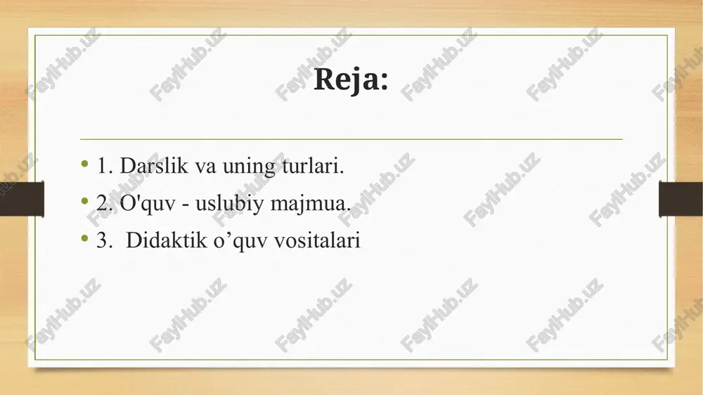 qilishi mumkin. qolgan ma’lumot beruvchi materiallar variativ hisoblanadi. mutaxassislik fanlari bo’yicha o’quv-uslubiy majmualarning asosiy qismlariga quyidagilar kiradi: -mutaxassislik fanining mazmunini, hajmini va o’qitish tartibini belgilovchi hujjatlar va materiallar (o’quv rejasi, o’quv dasturi, fanni o’qitish metodikasi va boshqalar); -o ’quv jarayonini nazorat qilish hamda bilimlarni mustahkamlash bo'yicha materiallar va hujjatlar; -o’quv-uslubiy materiallar (darsliklar, o'quv qo’llanmalar, mavzuiy rejalar va boshqalar); - mustaqil o’rganish va bilimlarni mustahkamlash bo'yicha manbalar (mustaqil o’rganish bo’yicha kitoblar, lug’atlar, ma’lumotlar to’plami, qayta takrorlash uchun ko’rsatmalar, praktikumlar va boshqalar); - o’quv tarbiya jarayonining texnologik jihatlarini ta’minlovchi materiallar (asl ob’yektlar va narsalar, asboblar, modellar, maketlar, plakatlar, tarqatma materiallar, kompyuter texnikalari uchun vositalar, proyeksion, diakino va video texnikalar); - o’qituvchilar uchun mo’ljallangan o’quv- uslubiy materiallar. mutaxassislik fanlarini o’qitish sifatini yaxshilash uchun o'quv-uslubiy majmua tarkibiga quyidagi o'qitish vositalari kirishi kerak: 1. asosiy o’qitish vositalari - tayyorlov yo’nalishlari bo’yicha ta’lim standartlari, o'quv rejalari va fan dasturlari, bosma va elektron darsliklar, o’quv qo’llanmalar, uslubiy …