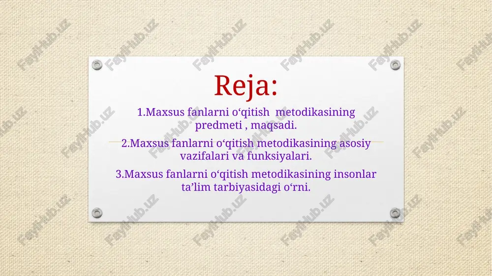 etadi. ayniqsa bo‘lajak pedagoglarni kasbiy ta’limning nazariy asoslari, o‘zbekiston respublikasi kasbiy ta’limi rivojlanishi, ta’lim tizimi islohatlari, uzluksiz, kasb-hunar ta’limi tizimida o‘rta maxsus, kasb-hunar ta’limining o‘rni va ahamiyati, kasbiy ta’lim jarayoni va uning qonuniyatlari, kasbiy ta’lim va ta’lim berish mazmuni, kasb ta’limining usul, shakl va vositalari bilan bog‘liq bo‘lgan tushunchalarni o‘rganishda “maxsus fanlarni o‘qitish metodikasi” fani alohida o‘rin tutadi. fanning asosiy funksiyalari 1- maxsus fanlarini o‘qitishda asosiy o‘quv me’yoriy hujjatlarni; maxsus fanlarini o‘qitishda ta’lim maqsadlarini belgilashni; maxsus fanining o‘qitish metodikasini ishlab chiqish yo‘llarini; maxsus fanini o‘qitishda ta’limning faol usul va texnikalarini bilishi lozim. 2- maxsus fanlarni o‘qitishda ko‘rgazmali qurol va texnik vositalardan foydalanish; maxsus fanlarni o‘qitishda talabalar bilimini baholash; dars o‘tish jarayonida ma’ruza va seminar (amaliy) mashg‘ulotlari loyihalashtirish va rejalashtirish; oliy ta’lim tizimida zamonaviy ta’lim texnologiyalaridan foydalanish bo‘yicha ko‘nikmalarga ega bo‘lishi lozim. 3.maxsus fanlarni oʻqitish metodikasining insonlar taʼlim tarbiyasidagi oʻrni. maxsus fanlarni oʻqitish metodikasining insonlar taʼlim tarbiyasidagi oʻrni va roli judayam …