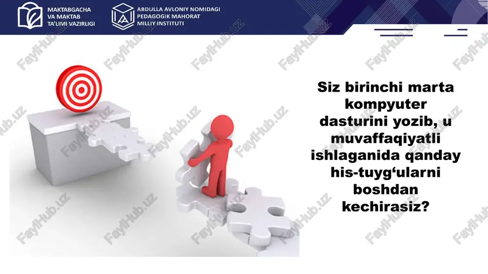, hatto dasturlashni hech qachon o'rganmaganlar uchun ham moslashtirilgan. 3 mantiqiy fikrlashni rivojlantirish dasturlash o'yinlari mantiqiy fikrlash, muammolarni hal qilish va yaratish qobiliyatlarini rivojlantiradi. amaliy qism: algoritmlarni pseudokod yordamida ifodalash muammoni aniqlash avval algoritmning maqsadini aniqlash, nima qilish kerakligini aniqlash. qadamlarni yozish pseudokodda har bir qadamni aniq tavsiflash, o'zgaruvchilar va ularning turlarini ko'rsatish. tekshirish va tuzatish yozilgan pseudokodni tekshirish, xatolarni topish va ularni tuzatish. dasturlash asoslari: o'zgaruvchilar, operatorlar, funksiyalar o'zgaruvchilar o'zgaruvchilar dasturda ma'lumotlarni saqlash uchun ishlatiladi. har bir o'zgaruvchi ma'lum bir turga ega bo'ladi. operatorlar operatorlar dasturda ma'lumotlar ustida amal bajarish uchun ishlatiladi. masalan, qo'shish, ayirish, ko'paytirish, va boshqalar. funksiyalar funksiyalar dasturda ma'lum bir vazifani bajarish uchun ishlatiladi. ular ko'p marta chaqirilib, bir xil kodni takrorlashni oldini oladi. https://www.codewizardshq.com/hour-of-code/ https://www.codewizardshq.com/hour-of-code/ https://www.codewizardshq.com/hour-of-code/ amaliy qism: sodda dastur yozish 1 reja tuzish dastur qanday ishlashi kerakligini rejalashtirish, nima qilish kerakligini aniqlash. 2 kod yozish dasturlash tilini ishlatib, rejalashtirilgan qadamlarni kodga aylantirish. 3 tekshirish …