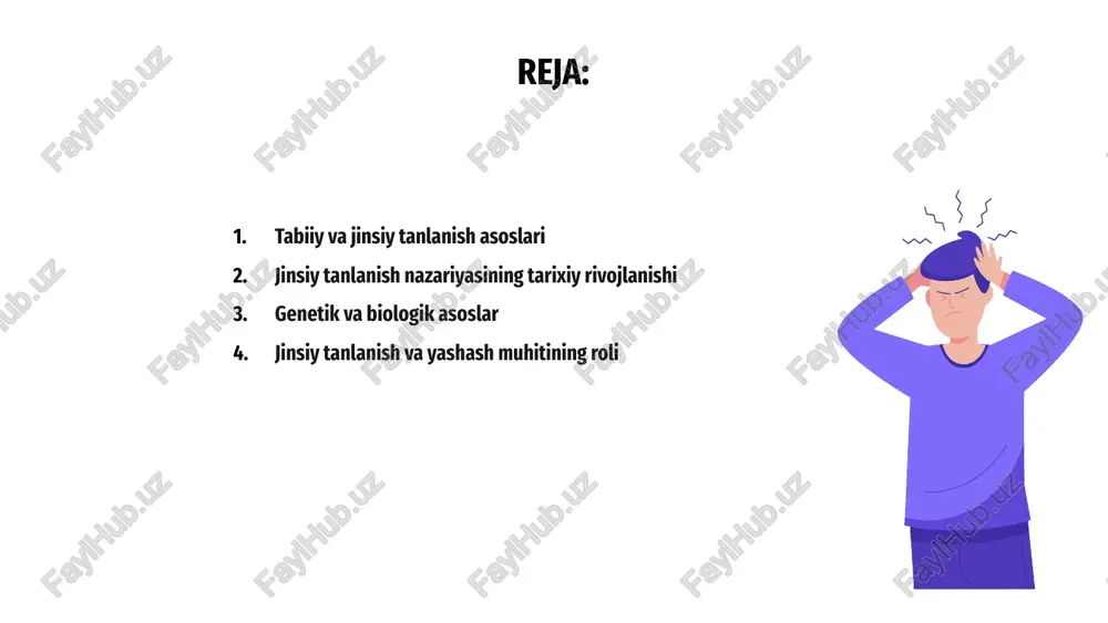 r va yashash muhitida o'zgarishlarni tushuntiradi. bu jarayon odamlarda evolyutsiya va moslashishga yordam beradi. jinsiy tanlash muhitdagi resurslar, raqobat va partnyor tanlashga ta'sir qiladi. bu omillar erkaklar va ayollarning yashash strategiyalarini shakllantiradi. yashash muhitining sharoiti jinsiy tanlovni kuchaytiradi yoki zaiflashtiradi, insonlarning genetik moslashuvlari va biologik xususiyatlariga ta'sir ko'rsatadi. mukammallik va moslik nazariyasi tabiiy va jinsiy tanlanish nazariyasi erkak va ayol orasidagi moslikni ta'kidlaydi, bu tanlovlar unikal genetik sifatlarni saqlash uchun muhimdir. ushbu nazariya yordamida natural tanlov orqali eng qudratli va mos bo‘lgan juftliklar ko‘payadi, shuningdek, kelajak avlod uchun optimal shartlar yaratiladi. mukammallik va moslik nazariyasi biologik evolyutsiya jarayonida jamiyat va turmush farqlari bilan bog‘liq bo‘lib, tanlov jarayonining tamoyillarini tushuntiradi va kengaytiradi. xulq-atvor va jinsiy tanlov o'zgarishlari tabiiy va jinsiy tanlanish nazariyasi insonlarning biologik va evolyutsion omillarga asoslangan jinsiy tanlovini tushuntiradi, ularning reproduktiv muvaffaqiyatini oshiradi. jinsiy tanlovda xulq-atvor va jinsiy xavfsizlik muhim ahamiyatga ega bo‘lib, ularning qarorlariga biologik va ijtimoiy omillar …