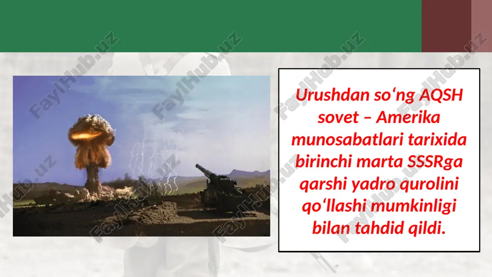 noma imzolanishi bilan yakunlanmagan bo‘lsa-da, ikkala tomonning ham insoniyatni yadro urushi xavfidan xalos qilishga bo‘lgan intilishini namoyon qildi. dunyoning kapitalistik va sotsialistik mamlakatlarga bo‘linishi. xx asrning 80-yillari. kapitalistik mamalakatlar sotsialistik mamalakatlar image2.jpg image3.jpeg image4.jpeg image5.jpeg image6.jpeg image7.jpeg image8.jpeg image9.emf image10.jpeg image11.jpg image12.jpg image13.jpg image14.jpeg image15.jpg image16.emf image1.jpg russia military /docprops/thumbnail.jpeg