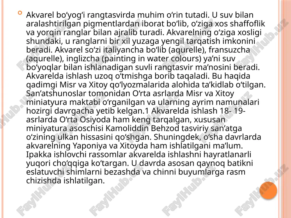 shlatiladi. kunning shom paytida esa asosan osmon iliq va yerlarda ham issiq hamda kamroq sovuq ranglar bilan ishlatiladi. akvarelda manzara ishlashdan oldin, qisqa muddatli etyudlar ishlashdan boshlash kerak. bu akvarelda tugallangan asar yaratish mahorati uchun poydevor va tajriba bo‘lib xizmat qiladi. akvarel texnikasi suv orqali ishlashni talab qiladi. ishlash jarayonida nam qog‘ozdan foydalaniladi. qog‘oz turiga qarab suv miqdorini ko‘tarish uchun sifatli qog‘oz (bomeijia, vista artista va shunga yaqin tarshon) qog‘ozlar ishlatiladi. qog‘oz o‘lchamlariga qarab suv taqsimlanadi qalin bo‘lsa ko‘proq ,yupqa bo‘lsa kist uchida suv qilinadi. manzara ishlash uchun bo‘yoq sifatli va manzara ishlashga mo‘ljallangan bo‘lishi kerak. biz ko‘plab akvarel bo‘yoqlarni eksperement qilganmiz, shulardan “vista artista”, “ladoga”, “white night”, “mijello mission silver pen”, “nevskaya palitra. belie nochi”, “nevskaya palitra sanktpeterburg”, “lefranc & bourgeois louvre”, “pentel. water colours” “sonet” brendlari akvarelda ishlash uchun eng yaxshilari hisoblanadi. manzara ishlashda kistning ro‘li katta ahamiyat kasb etadi chunki manzara ishlash jarayonidagi uzoqdan ko‘rinuvchi daraxtlar bulutlar …
