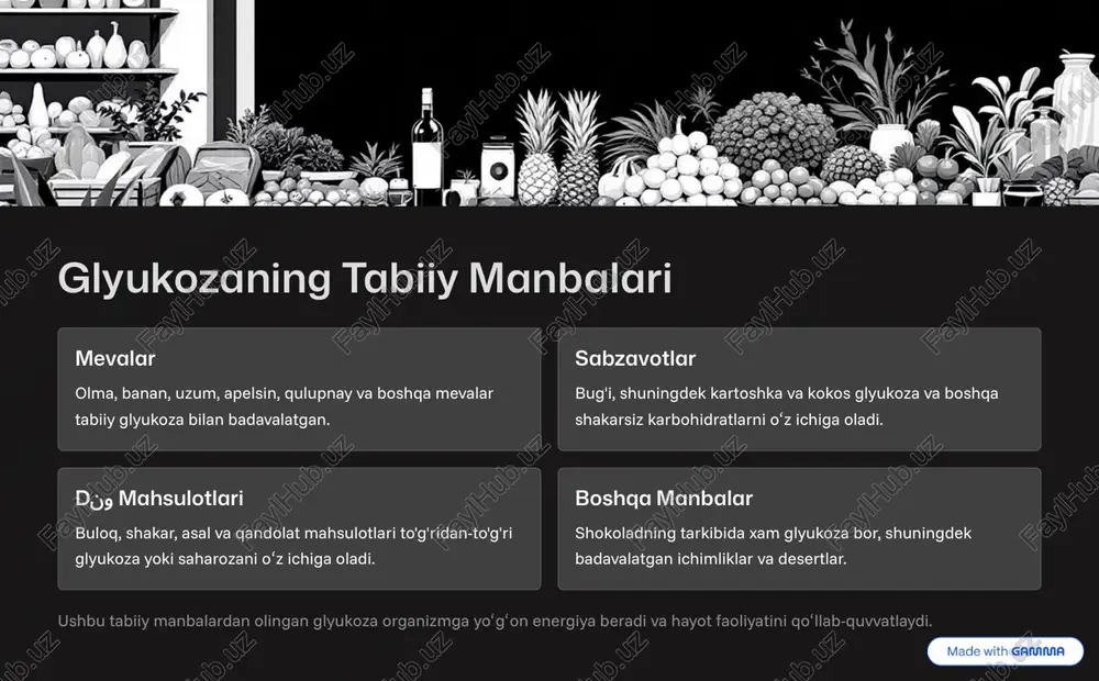 o»z glyukoza davriyligini to'g'ri boshqarish diabet va boshqa kasalliklarning oldini olishda muhim omildir. glyukoza insan tanasining ideal energiya manbasidir. uning tabiiy manbalaridan to'g'ri foydalanish va o»z miqdorini boshqarish sog'lom hayot uchun asosiy shart hisoblanadi. https://gamma.app/?utm_source=made-with-gamma