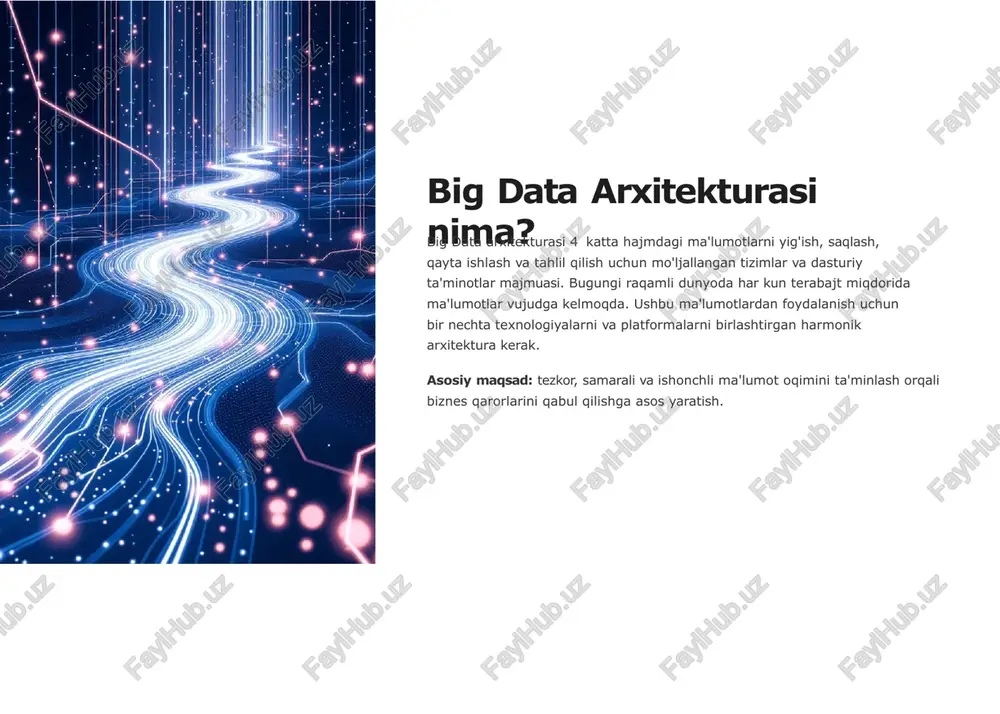 1 tarqatilgan fayl tizimlari hadoop distributed file system (hdfs) 4 ma'lumotlarni ko'p serverlar bo'ylab tarqatib saqlash. yuqori barqarorlik va fault tolerance ta'minlaydi. 2 bulutli saqlash amazon s3, coogle cloud storage, microsoft azure 4 elastik, masshtablanuvchi va oson boshqariladigan saqlash xizmatlar1. qayta ishlash va tahlil qatlamlari qayta ishlash qatlamining asosiy vazifasi 4 massive ma'lumotlar to'plamidagi foydali ma'lumotlarni ajratib chiqarish va uni tahlil qilishga tayyorlash. asosiy platformalar: apache hadoop 4 batch qayta ishlash apache spark 4 tez in-memory processing apache flink 4 real vaqt oqimi qayta ishlash bajariluvchi operatsiyalar: ma'lumotlarni tozalash va validatsiya qilish transformatsiya va normalizatsiya agregatsiya va statistika hisoblash mashina o'rganish modellarini tayyorlash so'rov va tahlil qatlamlari so'rov qatlamining vazifasi 4 qayta ishlangan ma'lumotlar ustida analitik so'rovlarni tezkor bajarish va tahlil qilishdir. ushbu qatlam foydalanuvchilarga sql-ga o'xshash til orqali ma'lumotlarni o'rganish imkoniyatini beradi. 01 02 vositalar apache hive, presto, impala 4 sql interface orqali big data ustida so'rovlar foyda interaktiv …