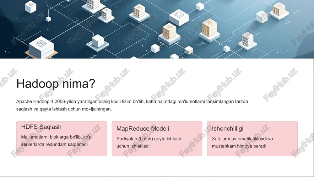 bevosita qayta ishlaydi. xavfsizlik va himoya hadoop xavfsizligi kuchli kerberos autentifikatsiyasi hdfs shifrlash va acl nazorat jadval va rux satriga qarab himoya spark xavfsizligi o'z-o'zidan minimal xavfsizlik mehanizmlari hadoop ustida ishlatilganda xavfsizlik yaxshilanadi ssl/tls shifrlash sozlanishi kerak spark-ni xavfli muhitda ishlatish uchun qo'shimcha xavfsizlik sozlamalari va administrativ nazorat talab qilinadi. kengayish va xarajatlar hadoop xarajati disklar arzon, kengayish oson 4 harddiskni qo'shing spark xarajati ram qimmat 4 kengayish uchun ko'p investitsiya kerak tejamcorlik: hadoop disk asosida ishlashi tufayli yangi tugunlar qo'shish amaliy va tejamkordir. spark esa yuqori samaralilik uchun kattaroq xarajat talab qiladi. qaysi tizimni qachon tanlash kerak? 1 katta hajmdagi partiya ishlovi hadoop ideal: tekinroq va samarali 2 real vaqt tahlili spark afzal: tezroq va responsiv 3 mashinani o'rganish spark eng yaxshi: iteratsiyali hisob-kitob uchun optimallashtirilgan korporativ muhitda spark va hadoop ko'pincha birgalikda ishlatiladi 4 hadoop saqlashni, spark qayta ishlashni ta'minlaydi. amaliy misol: so'z hisoblash algoritmi hadoop mapreduce 1. …