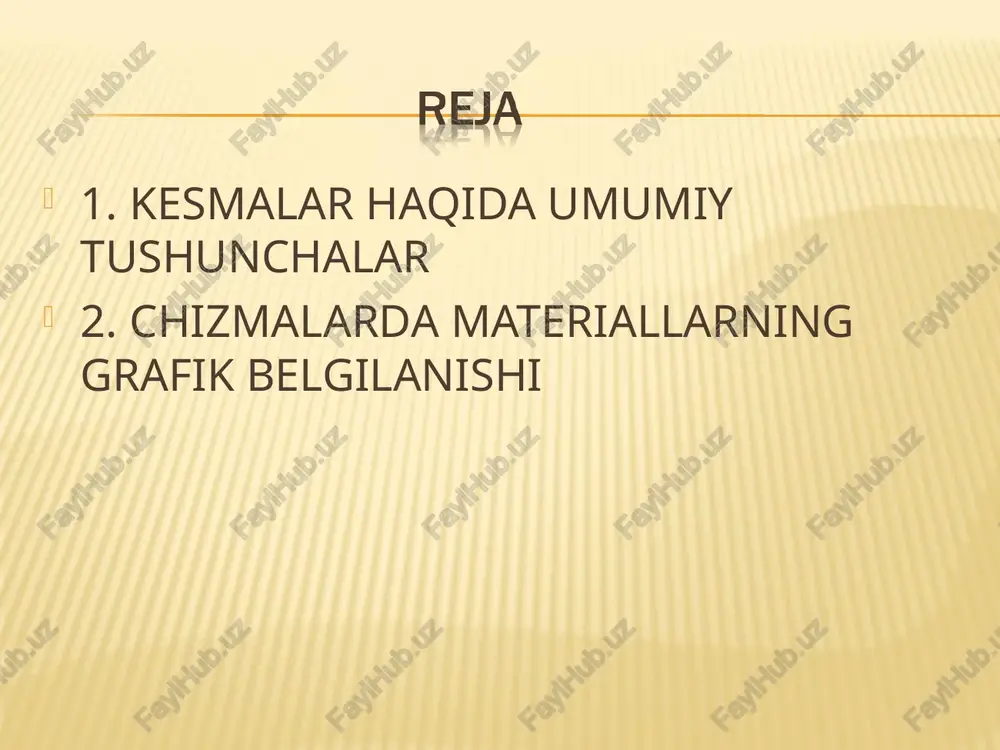 n qat’i nazar, kesimga tushgan joydagi chuqurcha, o‘yiq, teshiklar silindr yoki konussimon, ya’ni aylanish sirtiga ega bo‘lsa, kesimning aylana konturi yopiq, boshqa holatlarda ochiq tasvirlanadi. * masalan, 2.1- s–s va 3.1-chizma v–v lardagi kesimlarning aylana konturlari yopiq. 3.1-chizma, a–a da silindr prizmasimon sirt bilan kesilgani uchun uning kesilgan joyi ko‘rsatilmagan. * 3.3-chizma, a dagi ustiga qo‘yilgan kesimda ham shponka ariqchasi prizmasimon sirt bo‘lgani uchun kesim konturidagi aylana qismi ochiq qoldirilgan (2.1-chizma, a – a, 2.3-chizma, a – a, 4.1-chizma, a – a larga qaralsin). * kesimga o‘lchamlar qo‘yish. 4.1-chizmada shponka ariqchasi kesimiga o‘lchamlarning qo‘yilishi ko‘rsatilgan. ariqchaning chuqurligini detal konturidan o‘lchanishiga ahamiyat bering. buning uchun aylana simmetriya o‘qigacha ingichka chiziqda davom ettiriladi. * * 4.2-chizma, a da val kesimlari a–a, b–b, c–c, d–d, e–e, f–f lar orqali belgilangan. ularga mos keladigan kesimlarni 1, 2, 3, 4, 5, 6 lar ichidan izlab toping va belgilang (4.2-chizma). *