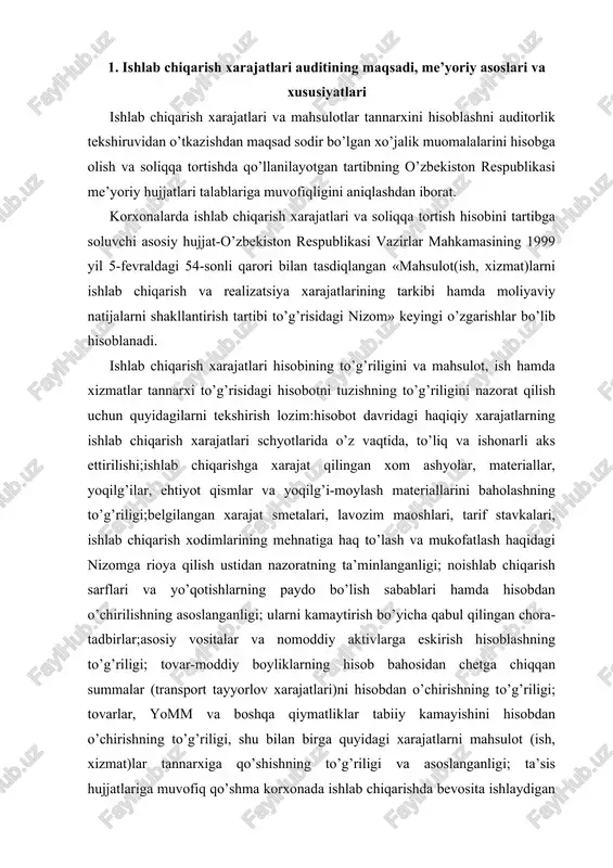 rga eskirish hisoblashning to’g’riligi; tovar-moddiy boyliklarning hisob bahosidan chetga chiqqan summalar (transport tayyorlov xarajatlari)ni hisobdan o’chirishning to’g’riligi; tovarlar, yomm va boshqa qiymatliklar tabiiy kamayishini hisobdan o’chirishning to’g’riligi, shu bilan birga quyidagi xarajatlarni mahsulot (ish, xizmat)lar tannarxiga qo’shishning to’g’riligi va asoslanganligi; ta’sis hujjatlariga muvofiq qo’shma korxonada ishlab chiqarishda bevosita ishlaydigan chet el fuqarolariga berilgan turar joylar va kommunal xizmatlar uchun to’lovlar; xizmat safarida va yo’lda bo’lgan vaqt, turar joy ijarasi, xizmat safari joyiga borib qaytish yo’l xarajatlari uchun tasdiqlangan me’yorlar doirasida, ishlab chiqarish faoliyati bilan bog’liq chet el xizmat safari xarajatlari. asosiy xarajatlar, ishlab chiqarishni tashkil etish va boshqarish xarajatlarining to’g’ri va asoslangan hamda me’yorlarga muvofiqligini tekshiriladi. mahsulot (ish, xizmat) larning rejadagi va hisobot kalkulyatsiyasining to’g’riligini xarajat moddalari bo’yicha tekshiriladi. natijada reja va haqiqiy tannarx o’rtasidagi tafovutlarni moddalar bo’yicha tahlil qilinib, tafovutlar sababi aniqlanadi. xom ashyo va materiallarni sarflashning to’g’riligi, baholar to’g’riligini tekshirish metodlari, mahsulot (ish, xizmat) birligiga to’g’ri keladigan sarf …