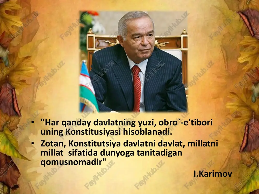 yihasi ishlab chiqildi. konstitutsiya loyihasi 1992 yil sentabrda matbuotda e'lon qilindi va 3 oy davomida umumxalq muhokamasida bo`ldi. xalqimiz tomonidan 6 mingdan ortiq taklif va mulohazalar bildirildi. respublika oliy kengashining o`n birinchi sessiyasi 1992 yil 8 dekabrda "o`zbekiston respublikasining konstitutsiyasini qabul qilish to`g`risida" gi qonunni qabul qildi. • 2003 yilda umumxalq referendumi natijalari e'lon qilingandan so`ng o`zbekiston respublikasi konstitutsiyasiga o`zgartish kiritildi va yangi tahriri nashr etildi. mazkur xujjatda 2 palatali parlamentning ishlash tartibi, qonunchilik va senat palatalarining mutloq va birgalikda bajaradigan vazifalari va vakolatlari ko`rsatilgan. • -davlat suvereniteti; • -xalq hokimyatchiligi; • -fuqaro (inson) erkinliklari va xuquqlarining daxlsiz va ustivorligi; • -demokratizm; • -davlat va shaxsning o`zaro mas'ulligi; • -qonuniylik; • -konstitutsiyaning ustunligi; • -hokimiyatning qonun chiqaruvchi, ijro etuvchi sud hokimyatiga bo`linishi; • -mahalliy o`z-o`zini boshqarish; • -sud (idoralari) tuzilishi va sudlov; • abdulla oripov, erkin vohidov, to`ra mirzo, raim farhodiy kabi ko`plab shoirlarning vatanimiz - o`zbekistonni madh etuvchi she'rlaridan …