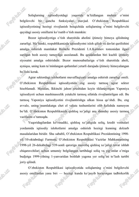 ga 1999-yilning 1-yanvaridan boshlab yagona yer solig‘ini to’lash tartibi joriy qilindi. o’zbekiston respublikasi iqtisodiyotida soliqlarning o’rnini belgilovchi asosiy omillardan yana biri — hozirgi kunda ko’payib borayotgan tadbirkorlik faoliyati bilan shug‘ullanuvchi jismoniy va huquqiy shaxslarning daromadlarini jalb qiluvchi mukammal soliq to’lovini yuzaga keltirish. bozor munosabatlarining rivojlanib borishi xususiy tadbirkorlik faoliyatini keng quloch yoyishi va xususiylashtirish jarayonlarining chuqurlashuvi, tadbirkorlar daromadini hisobga olishni qiyinlashtiradi. xususiylashtirilgan bitta korxona o’rnida o’nlab kichik, xususiy va jamoa mulkiga asoslangan korxonalar paydo bo’ladi. mukammal soliq mexanizmi yaratilmaganligi uchun daromadlar summasini aniqlashda jiddiy xatoliklarga yo’l qo’yilishi mumkin. o’zbekiston respublikasi vazirlar mahkamasining 1998-yil 15-apreldagi 159-sonli qaroriga muvofiq kichik korxonalar uchun umumiy belgilangan tartibdagi soliqlar o’rniga budjetga ixchamlashtirilgan soliq to’lash imkoniyati vujudga keldi. o’zbekistonda tadbirkorlikni rivojlantirishda ixchamlashtirilgan soliq tizimining joriy qilinishi bu tadbirkorlar uchun davlat tomonidan ko’rsatilgan katta yordam bo’ldi. soliqlarning mamlakat iqtisodiyotiga ta’siri, asosan, ularning stavkalari darajasining miqdori bilan belgilanadi. respublika soliq tizimining shakllanishini hozirgi bosqichida soliq stavkalarining darajasi eng …