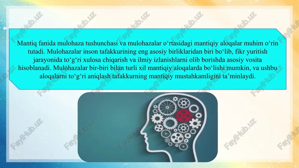 mavjud bo‘lib, ular mulohazalarning o‘zaro inkor etilishi yoki bir-birini cheklashini bildiradi. implikatsiya — bu bir mulohazaning boshqa mulohazani zaruriy tarzda anglatishini ifodalovchi mantiqiy aloqa turidir. masalan, “agar havo yomg‘irli bo‘lsa, yo‘l nam bo‘ladi” mulohazasida birinchi mulohaza ikkinchisining yuzaga kelishini shart qiladi. ekvivalensiya esa ikki mulohazaning bir-biriga teng va o‘zaro mos kelishini bildiradi. bog‘lovchi va alternativ mulohazalar esa bir nechta mulohazani yagona tizimga birlashtirish orqali umumiy mantiqiy xulosa chiqarishda qo‘llaniladi. mulohazalar o‘rtasidagi mantiqiy aloqalarning amaliy qo‘llanilishi nafaqat ilmiy tadqiqotlarda, balki kundalik hayotda ham katta ahamiyatga ega. mantiqiy aloqalarni to‘g‘ri aniqlash orqali qaror qabul qilish jarayonida xatolarni kamaytirish mumkin. masalan, muhokamalarda, hujjatlarni tahlil qilishda yoki ilmiy izlanishlarda mulohazalar o‘rtasidagi bog‘liqliklarni aniqlash tafakkurni tizimli shakllantiradi. 01 02 mantiqiy aloqalarni aniqlash va ulardan foydalangan holda xulosalar chiqarish, ilmiy tadqiqotlar natijalarini mustahkamlashda muhim rol o‘ynaydi. kundalik hayotda ham qarorlar qabul qilishda, muammolarni hal qilishda mantiqiy aloqalarni tushunish tafakkurimizni tizimli va mantiqan mustahkam qiladi. shu bois, …