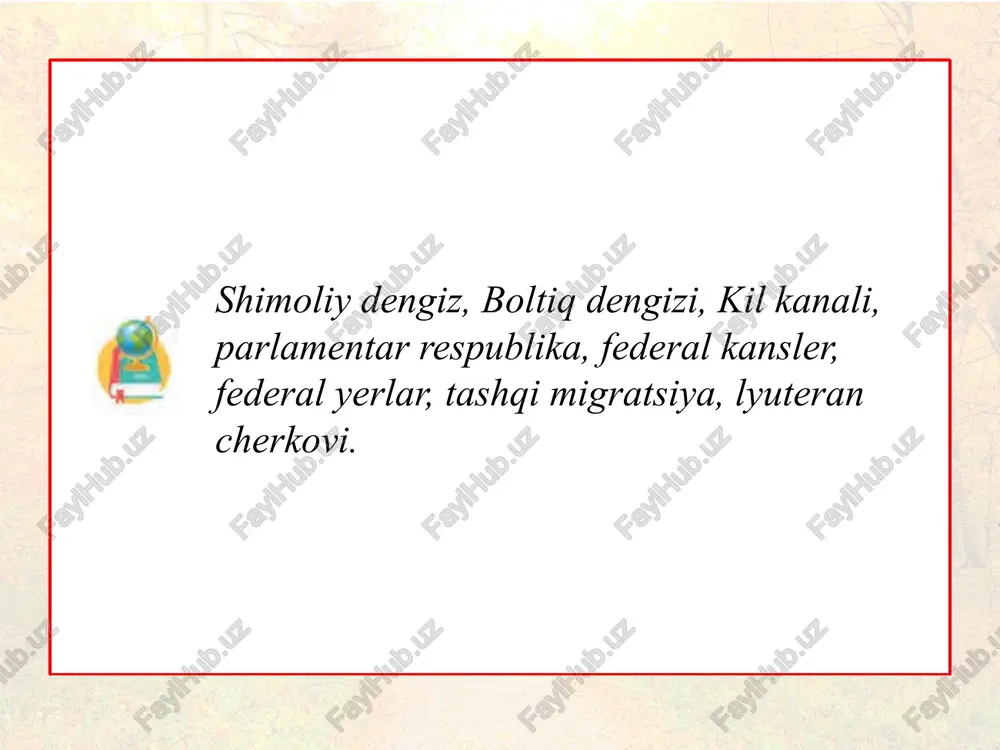 lp tog‘lari gfrda tosh va qo‘ng‘ir ko‘mir, temir rudasi, osh va kaliy tuzlarining konlari mavjud. tosh ko‘mir qo‘ng‘ir ko‘mir temir rudasi osh tuzi kaliy tuzi mamlakat hududi mo‘tadil iqlim mintaqasida joylashgan. ob-havo tez-tez o‘zgaradi, yog‘inlar ko‘p yog‘adi. qish odatda yumshoq, qattiq sovuqlar kam sodir bo‘ladi. dengizbo‘yi hududlarida kuchli shamollar doimo kuzatiladi va bu energetika sohasida qo‘l keladi. germaniyada daryolar to‘ri ancha zich. eng yirik daryolar reyn, du­nay, elba, vezer va oder hisoblanadi. reyn dunay elba vezer oder gfrdagi barcha yirik daryolar ka­nallar bilan o‘zaro bog‘langanligi tufayli uning ichki suv transport yo‘llari dunay orqali shimoliy va boltiq dengizlari portlarini qora dengiz portlari bilan bog‘laydi. shimoliy dengiz boltiq dengiz qora dengiz aholisi. germaniya deyarli 83 mln. kishilik aholisi (2018-yil ma’lumotlari bo‘yicha) bilan yevropada rossiyadan keyingi 2-o‘rinni egallaydi. tug‘ilishning pastligi sababli germaniyada aholining tabiiy ko‘payishi 1972-yildan buyon manfiy qoldiqqa ega. germaniyada aholi ko‘payishining manbayi tashqi migratsiya hisoblanadi. germaniya xorijiy migrantlar soni (12 millionga …
