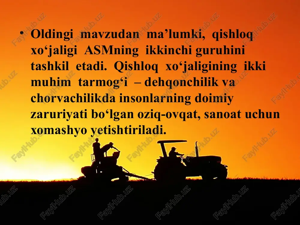 anilayotgan yerlar qisqaradi. yerdan foydalanish qoidalariga rioya qilmaslik azaldan foydalanilayotgan yerlar sho‘rlanishi, hatto cho‘llashishiga sabab bo‘ladi . binobarin, qishloq xo‘jaligida foydalaniladigan yerlar kengayishi va ayni vaqtda qisqarishi ham mumkin. qishloq xo‘jaligi maqsadlaridagina foydalaniladigan yerlar qishloq xo‘jalik yerlari deyiladi. qishloq xo‘jaligidagi bosh vazifa – ishlab chiqarishni intensivlashtirish, ya’ni hosildorlikni va chorva mahsuldorligini oshirishdir. yer va suv resurslaricheklanganini hisobga olib, mamlakatimiz qishloq xo‘jaligini rivojlantirishning yagona to‘g‘ri yo‘li – qishloq xo‘jaligini intensiv rivojlantirish, yerlarning meliorattv holatini tubdan yaxshilash, seleksiya ishlarini chuqurlashtirish, yuksak agro texnologiyalarni joriy etish va suvdan oqilona foydalanishdan iborat. mamlakatimizda qishloq xo‘jaligi mahsulotlari ishlab chiqarish hajmi oshib bormoqda. shu bilan birga izchil yuqori o‘sish sur’atlari barobarida, yalpi ichki mahsulot hajmida qishloq xo‘jalik mahsulotlari ulushining kamayish tendensiyasi kuzatilmoqda. bu mamlakatimiz iqtisodiyot tarkibiy tuzilishidagi ijobiy o‘zgarishlarning, ya’ni agrar respublikadan sanoati rivojlangan industrial davlatga aylanayotganidan dalolatdir. image1.jpeg image2.jpeg image3.jpeg image4.jpeg image5.jpeg image6.jpeg image7.jpeg image8.jpeg image9.jpeg image10.jpeg image11.jpeg image12.jpeg image13.png image14.jpeg image15.jpeg image16.jpeg /docprops/thumbnail.jpeg
