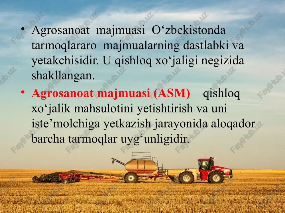 t bo‘lmish paxta yetishtirishning nisbatan barqaror hajmini saqlagan holda boshqa qishloq xo‘jaligi mahsulotlari yetishtirishni bir necha marta ko‘paytirish imkonini berdi. eng muhimi, xalqimizni ozzq-ovqat mahsulotlari bilan to‘liq ta’minlashga zamin tug‘dirdi. ikiknchidan, yerga bo‘lgan mulk shakli o‘zgartirildi. ma’lumki, mustaqillikdan oldingi davrda dehqonlar yerdan butkul mahrum edd. natijada qishloq xo‘jaligida ishlashga ishtiyoq susayib, tadbirkorlik zavol ko‘rdi. endilikda dehqon xo‘jaligi, fermer xo‘jaligi kabi mulkchilikning xilma-xil shakllari qaror topdi va qishloq xo‘jaligida ishlab chiqarilayotgan mahsulotlarning asosiy qismi ular hissasiga to‘g‘ri kelmoqda qishloq xo`jalik mahsulotlarini ishlab chiqaruvchilar tarkibi va hissasi ko‘p tarmoqli fermer xo‘jaliklari qishloq xo‘jalik mahsulotlarini yetishtirish bilan birga, ularni qayta ishlashda samarali faollyat ko‘rsatmoqda. zero, sanoatsiz qishloq xo‘jaligini rivojlantirib bo‘lmaydi. qishloq xo‘jaligi sanoat ishlab chiqarish vositalari, ma’danli o‘g‘itlar ishlab chiqarishidan boshlanib, (yetishtirilgan xomashyoni qayta ishlash) sanoat bilan tugaydi. bu ikki tarmoq o‘rtasidagi aloqa agrosanoat integratsiyasi atalib, u tobora chuqurlashib boraveradi. topshiriqlar 1. mavzuni o`qish 2. yozuvsiz xaritadan qishloq xo`jaligi mavzuni bo`yash 3. 51-,53-, …