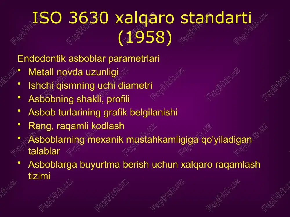 eng mo'rtligi karbonli po'latdir eng moslashuvchan zanglamaydigan po'latdir elastik - titan eng ko'p plastik nikel-titan qotishmasi ko'proq moslashuvchan uchburchak kesimli asboblar, eng moslashuvchanlari olmosli kesimli asboblardir. asboblarning uzunligi 19 mm 21 mm 25 mm 28 mm 31 mm ish uzunligi - 16 mm endodontik asboblarni standartlashtirish rang kodlash raqamli markalash asbob uchining diametrini aks ettiradi. masalan, №25 asbobning uchi diametri 0,25 mm. va asbob no 55 - 0,55 mm. geometrik belgi asbobning kesma shakliga mos keladi asboblarning kesma shakli to'rtburchak (k-fayl) uchburchak (k-rayer) olmos (k-flexofile) dumaloq (h-fayllar) s shaklidagi (s-fayl) ishchi qismning shakli va asbobning uchi asbobning maqsadini aniqlaydi ustki shakli uning tajovuzkorligini belgilaydi agressiv uchi yupqa uchi bor, u kanalga yopishib qolish ehtimoli ko'proq. agressiv bo'lmagan uchi (dumba turi) tekislangan uchiga ega, tiqilib qolish ehtimoli past konusning agressiv bo'lmagan uchlari quyidagilarga ega: k - flexoreamer , k - flexoreamer oltin medium , k- nitiflex , k - flexofile , …