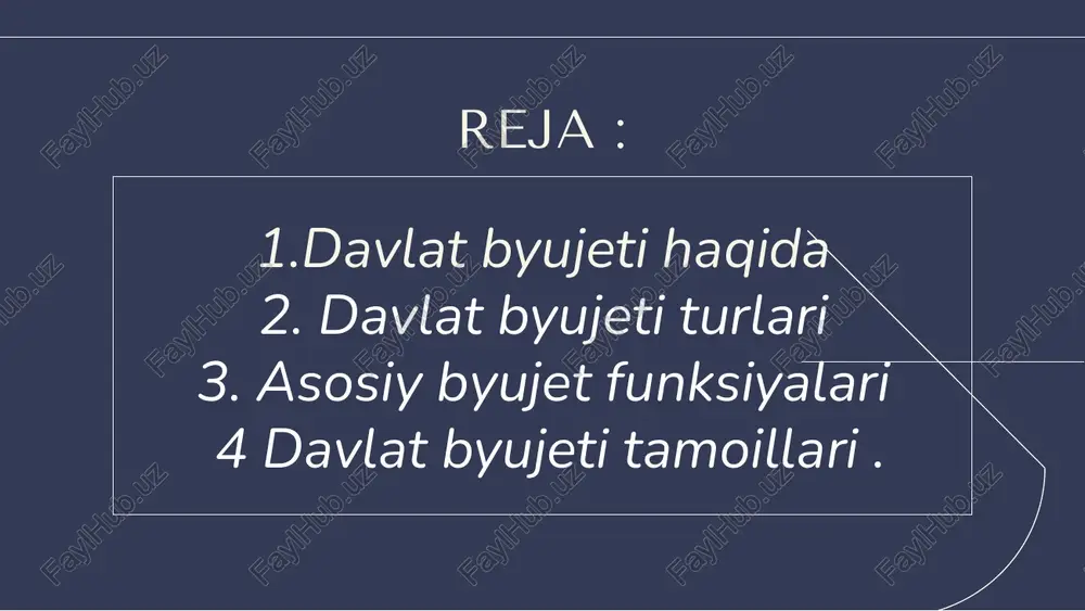 yudjetning qayta taqsimlash funksiyasi 2 byudjetning qayta taqsimlash funksiyasi aniq maqsadli bydjet xarajatlariga tegishlidir. davlat umumiy xo’jalik sub’ekti sifatida faoliyat yuritib, takror ishlab chiqarish jarayoni barcha ishtirokchilarining iqtisodiy manfaatlarini hisobga oladi, shuning uchun xam byudjet xarajatlari hamma soha va tarmoqlarni qamrab oladi. agar taqsimlashning birinchi bosqichida byudjet mablag’lari milliy daromadda davlatning ulushi sifatida maydonga chiqsa, uning ikkinchi bosqichida esa ana shu ulush qismlarga bo’linadi va ko’p sonli kanallar orqali turli tadbirlarni moliyalashtirishga va fondlarni shakllantirishga yo’naltiriladi. davlat byudjetining nazorat funksiyasi davlat byudjetining nazorat funksiyasi ham o’ziga xos bo’lgan xususiyatlarga ega. byudjetning milliy iqtisodiyot bilan uzviy bog’liqligi takror ishlab chiqarishning barcha bo’linmalarida ahvolning qandayligi to’g’risida ma’lumotlar bilan doimiy ta’minlab turadi. milliy iqtisodiyot istalgan bir sohasi yoki korxonaning moliyaviy ahvoli, albatta, davlat byudjeti bilan bo’ladigan o’zaro munosabatlarda – soliqlarda, to’lovlarda, . byudjetdan moliyalashtirish hajmlarida, byudjet assignovaniyalarini . o’zlashtirishda va hokazolarda – o’z ta’sirini ko’rsatadi. davlat byudjetining funksiyalari. davlat byudjetining mohiyati uning iqtisodiy …