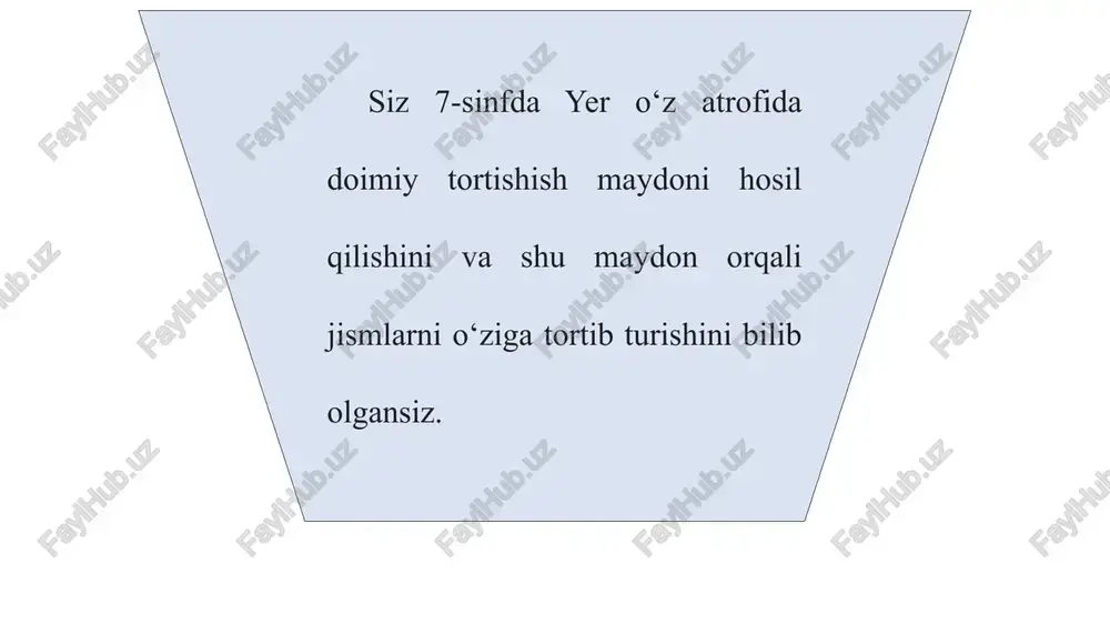qanday tezlikda bu holat kuzatiladi? avvalo, yo‘ldoshga ta’sir etayotgan kuchlarni olib qaraylik. yo‘ldoshga doimo yerning tortish kuchi ta’sir etadi. bundan tashqari, unga havoning qarshilik kuchi ta’sir qiladi. qarshilik kuchi kam bo‘lishi uchun uni atmosferaning eng yuqori qatlamlariga olib chiqish kerak. 7 tortishish maydoni yer o‘z atrofida doimiy tortishish maydoni hosil qiladi va shu maydon bilan jismlarni o‘ziga tortib turadi. ikkinchi kosmik tezlik: amalda yer yuzasidan 300-400 km balandlikda havoning qarshiligi deyarli yo‘q. demak, bunday balandlikda yerning tortish kuchini yo‘ldoshiga berilgan tezlik tufayli vujudga kelgan markazdan qochma kuch kompensatsiyalaydi. uchun birinchi kosmik tezlik amalda bir marta aylanib chiqish uchun ketgan vaqt hisoblab chiqilgan vaqtdan katta bo‘ladi. bunga sabab yo‘ldosh orbitasining radiusi bilan yer radiusining bir-biridan farq qilishidir. yer yaqinidagi yo‘ldosh uchun: katta radiusli uchun: istalgan balandlikda aylanayotgan yo‘ldoshning aylanish davri formulasidan foydalanib, sun’iy yo‘ldosh yerdan ma’lum balandlikdagi bir nuqtada “qimirlamasdan” turishi kerak bo‘lgan balandlikni topish mumkin. demak, yo‘ldoshning aylanish davri 24 …