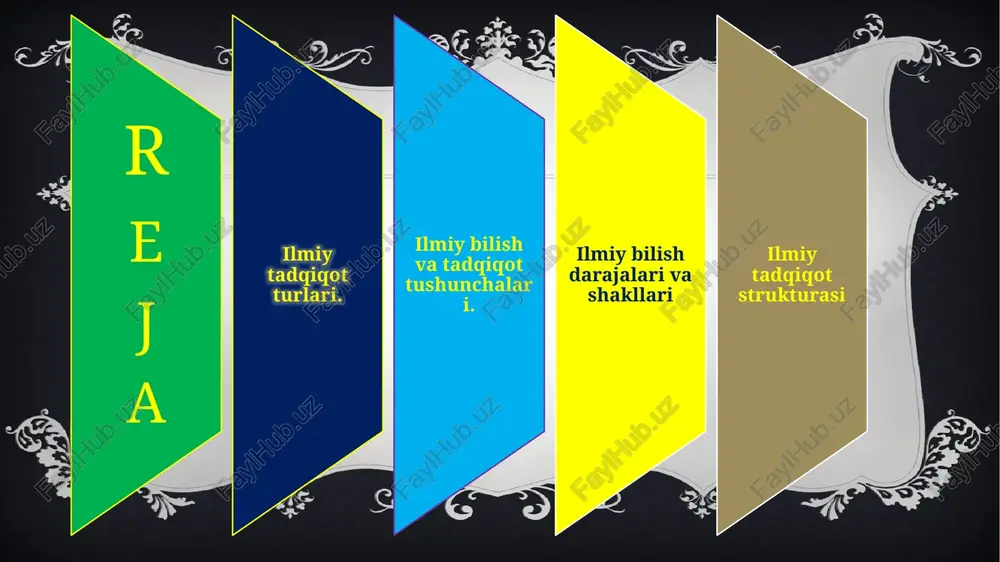 azish; -tadqiqot jarayonini tavsiflash; -tadqiqot natijalarini muhokama qilish; -xulosa chiqarish,olingan natijalarni baholash. ilmiy tadqiqotning asosan ikki-empirik va nazariy izlanish darajalari mavjud. empirik yoki xissiy-tajribaviy bilish darajasida jonli mushohada, xissiy bilish birlamchi rol o’ynaydi. shu bilan birga xissiy bilish darajasidagi empirik izlanish faoliyati nazariy ko’rsatma yoki dasturiy tamoyillar tomonidan yo’naltiriladi, olingan ma’lumotlar qayta ishlanadi. tadqiqotchi xissiy bilish obyekti va jarayoniga «aql ko’zi» bilan qaraydi, faktlarni nazariy bilish doirasiga kiritadi. shunday bo’lsada, tadqiqotning boshlang’ich bosqichida xissiy-tajribaviy bilish ustuvor vazifa va muammo bo’lib qolaveradi. faktlarni yig’ish, ularni tafsilotini berish va birlamchi umumlashtirish, kuzatish va eksperimentdan olingan materiallarni tartibga solish, tasniflash va tavfislash empirik bilishning assiy belgilari hisoblanadi. empirik bilish darajasida tadqiq qilinayotgan obyektning tashqi belgilari, o’zgaruvchan xossalari, xissiy qabullash va jonli mushohada qilsa bo’ladigan xossalari va tomonlari in’ikos etiladi empirik bilish darajasida qo’llaniladigan usullar qatoriga asosan kuzatish, o’lchash, taqqoslash, tajriba va eksperiment o’tkazish, tasniflash kiradi. nazariy bilish darajasi. bu darajada tushuncha, tamoyil, aksioma, …