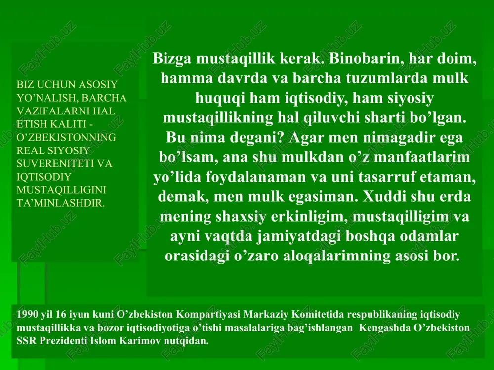 ati orqali daromad topish, o'z mehnatiga asoslanib, xo'jalik yuritish yo'li bilan pul topish. o'z mulkini ijaraga berib daromad olish. pul shaklidagi o'z mulkini qarzga berib, undan foiz olish. yollanib ishlash orqali o'z ishchi kuchi bilan daromad topish. mulkchilik munosabatlarining uch tarkibiy qismi egalik qilish. mulkdorlar huquqini ng mulk egasi qo'lida saqlanib turishini bildiradi va yaratilgan moddiy boyliklarni o'zlashtirish ning ijtimoiy shaklini ifodalaydi. mulkka egalik qilish uning egasi ixtiyorida saqlangan holda, undan foydalanish esa boshqalar qo'lida bo'ladi. bunga ijara misol bo'ladi. tasarruf etish, bu mol-mulk taqdirini mustaqil hal qilinishidir. u mol-mulkni sotish, meros qoldirish, hadya qilish, ijaraga berish hollari orqali ro'y beradi. foydalanish. bu mol-mulkning iqtisodiy faoliyatda ishlatilishi yoki ijtimoiy hayotda qo'llanilishidir. mol-mulkdan foydalanish yuz berganda u daromad olish uchun yoki shaxsiy ehtiyojlarni qondirish uchun ishlatishni bildiradi. mulkiy munosabatlarning ob'yekti va sub'yekti masalasi «o'zbekiston respublikasining mulk to'g'risida» gi qonunida o'z ifodasini topgan mulkning ob'yekti va sub'yekti mulkka aylangan barcha boylik turlari …
