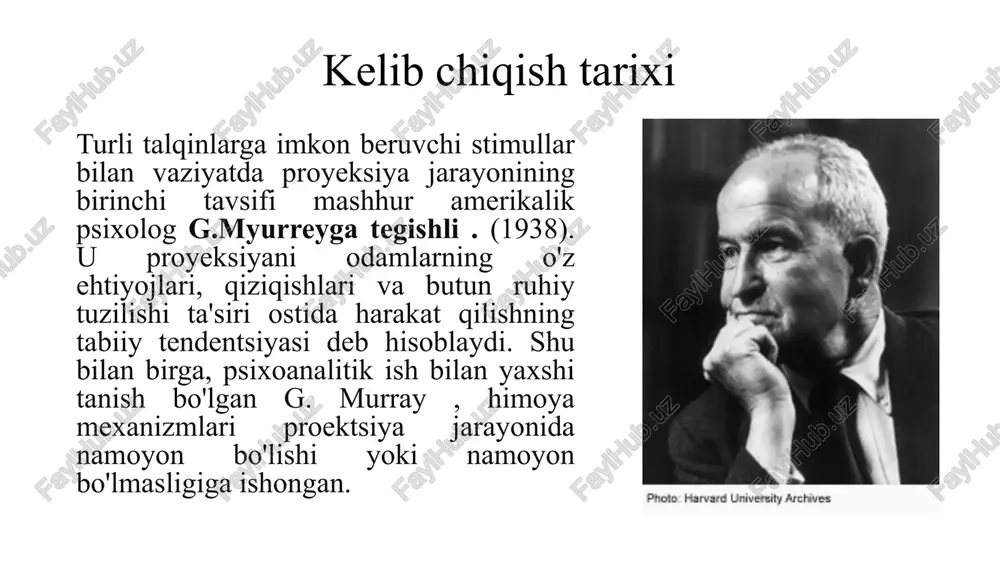 harakatlarida ularning shaxsiyatining izi bor. proyektiv yondashuvning o'ziga xos xususiyatlarini aniqlab, l. frank yozadiki, bu shaxsni tadqiq qilish usuli bo'lib, uning yordamida sub'ekt vaziyatga joylashtiriladi , ular ushbu vaziyatning ma'nosi, o'z fikrlari va his-tuyg'ulari asosida javob beradilar. shuningdek, u proyektiv texnikada qo'llaniladigan stimullar qat'iy bir ma'noli emasligini, aksincha, turli talqinlarga imkon berishini ta'kidlaydi. rag'bat shunchaki ob'ektiv mazmuniga ko'ra emas, balki birinchi navbatda sub'ektning shaxsiy ahamiyatiga ko'ra ma'noga ega bo'ladi. l.frank proyektiv usullarni o'rnatilgan psixometrik metodlarni almashtirish sifatida ko'rmaydi . ushbu usullarning maqsadi hayotiy tajribani tashkil qilish usuli sifatida qarash mumkin bo'lgan "idiomatik" ichki sohani o'rganishdir. proyektiv usullar mavjud usullarni muvaffaqiyatli to'ldiradi, bu esa an'anaviy tadqiqot usullaridan chetda qoladigan eng chuqur yashirin narsalarni ko'rib chiqish imkonini beradi. quyidagi xususiyatlar barcha proyektiv texnikalar uchun umumiydir: 1. qo'llaniladigan rag'batlantirishning noaniqligi, noaniqligi. 2. javob tanlashda cheklovlar yo'q. 3. mavzular javoblarini "to'g'ri" va "noto'g'ri" deb baholamaslik. semyon lyudvigovich frank tomonidan taklif qilingan proyektiv usullarning tasnifi: …