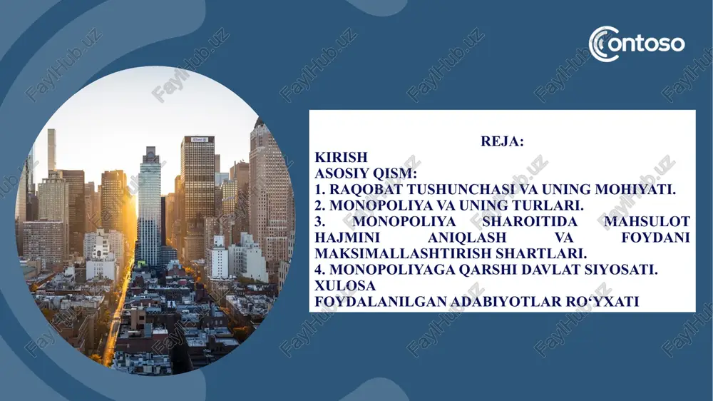 kka hukmronlig tarafidan ishlab chiqari-lishi va sotilishi bunday tizimda monopol shaxs tovariiga xoxlagan narxini qoya oladi chunki raqobatchisi yoq istemolchilarga esa bu tovar kerak bolib turgan boladi bundan korinib turibdiki monopoliya iqtisodni orqga tortuvchi tizimdir. monopoliya bolgan joyda rivijlanish bolmaydi yangilanish bolmaydi bugungi kunning standartiga javob bera oladigan maxsulot ishlab chiqarilmaydi 7 7 «monopoliya» atamasining kelib chiqishi bozorga oid tushunchalardan (ya’ni, grekcha «monoc» - yagona, bitta va «poleo» - cotaman) tarkib topsada, biroq uning iqtisodiy asoslari aslida ishlab chiqarishga borib taqaladi. monopoliyani quyidagicha ta’riflash o‘rinli deb hisoblaymiz: monopoliya – monopol yuqori narxlarni o‘rnatish hamda monopol yuqori foyda olish maqsadida tarmoqlar, bozorlar va yaxlit makroiqtisodiyot ustidan hukmronlikni amalga oshiruvchi yirik korxonalar (firma, korporatsiyalar)ning birlashmalari 9 uzauto motors monopol tashkilot hammamizga malumki qariyb 25 yildan beri davlatimizda faqat bitta avtomobl ishlab chiqarish zavodo mavjud u ham bolsa uzauto motors kompaniyasi bozordagi monopol kompaniyadir. axolimizning 90/95% da bu tashkilotning avtomobillari mavjud. xar doim …