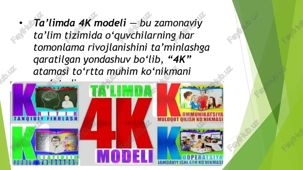 om ettirish topshirig‘i matn: “bir kuni qushcha daraxtdan yiqilib tushdi…” topshiriq: o‘quvchi ushbu hikoyani o‘z fikricha davom ettiradi — qushchaga kim yordam berdi, nima bo‘ldi, hikoya qanday tugadi? kreativlik jihati: bolalar o‘z tasavvuri va his-tuyg‘ulariga tayanib, yangi voqeani o‘ylab topadi. 2-misol: she’rga o‘xshash so‘zlar topish matn: “ona tabiat…” she’rini o‘qigandan so‘ng, o‘qituvchi bolalarga topshiriq beradi: “tabiat haqida o‘zing yozgan kichik 4 misrali she’r tuz.” kreativlik jihati: o‘quvchilar so‘zlar bilan o‘ynaydi, ohangdorlik va ifoda ustida ishlaydi, o‘z ijodiy fikrini bildiradi. 3-misol: rasmdan hikoya tuzish topshiriq: rasmda o‘rmondagi hayvonlar tasvirlangan. o‘quvchi rasmga qarab “bu voqea qanday bo‘layotganini” so‘zlab beradi. kreativlik jihati: o‘quvchilar tasvir asosida yangi hikoya yaratadi, personajlarga xarakter beradi, ijodiy tafakkur rivojlanadi. 3. kooperatsiya (collaboration) — jamoada ishlash, boshqalar fikrini hurmat qilish, birgalikda maqsadga erishish. masalan: loyiha asosida ishlashda har bir o‘quvchi o‘z hissasini qo‘shadi.* 2. “yordam” (3-sinf o‘qish kitobidan) matnda bola yo‘ldan o‘tishda qiynalayotgan kampirga yordam beradi, keyin do‘sti ham …