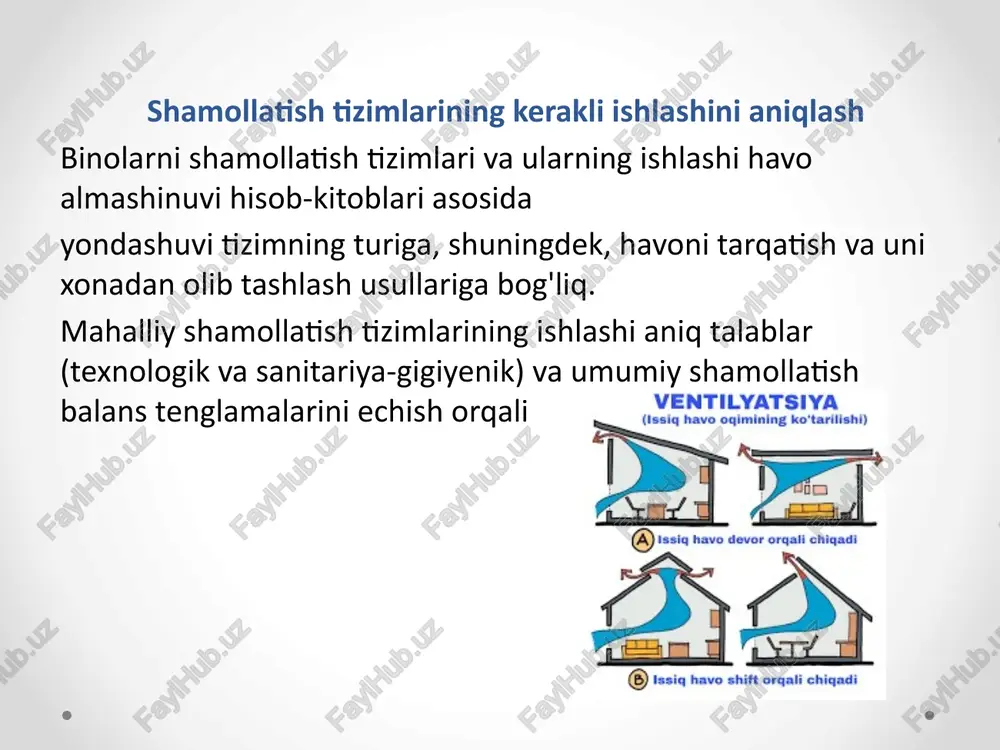 kitoblarga asoslanib, shamollatish uskunalari turli xil sharoitlar uchun tanlanadi: fanatlar, filtrlar, isitgichlar, havo sovutgichlari, buzadigan amallar kameralari va boshqalar. tashqi havo parametrlari . tashqi havoning harorati va entalpiyasi ( id diagrammalarida h nuqtasi ) snip tavsiyalariga muvofiq aniqlanadi va ob'ektning geografik joylashuviga mos keladi. namlik miqdori id diagrammasi yordamida aniqlanadi . shamollatish uchun tashqi sharoitlarni loyihalashning ikkita varianti ajralib turadi - a va b toifalarining iqlim parametrlari: yilning sovuq davri uchun a parametrlari umumiy shamollatish uchun, b parametrlari - isitish bilan birlashtirilgan umumiy shamollatish tizimlari uchun yoki xonada mahalliy egzozlar mavjud bo'lganda, havo dush tizimlari uchun , shuningdek, konditsioner tizimlari uchun; mamlakatning barcha hududlari uchun yilning o'tish davri uchun t h = + 10 ° c, f h = 70% (havoning entalpiyasi va namligi /— d diagrammasi bo'yicha olinadi); yilning issiq davri uchun a parametrlari har qanday shamollatish tizimlari uchun (shu jumladan havoning adiabatik namlanishiga ega shamollatish tizimlari uchun ), …