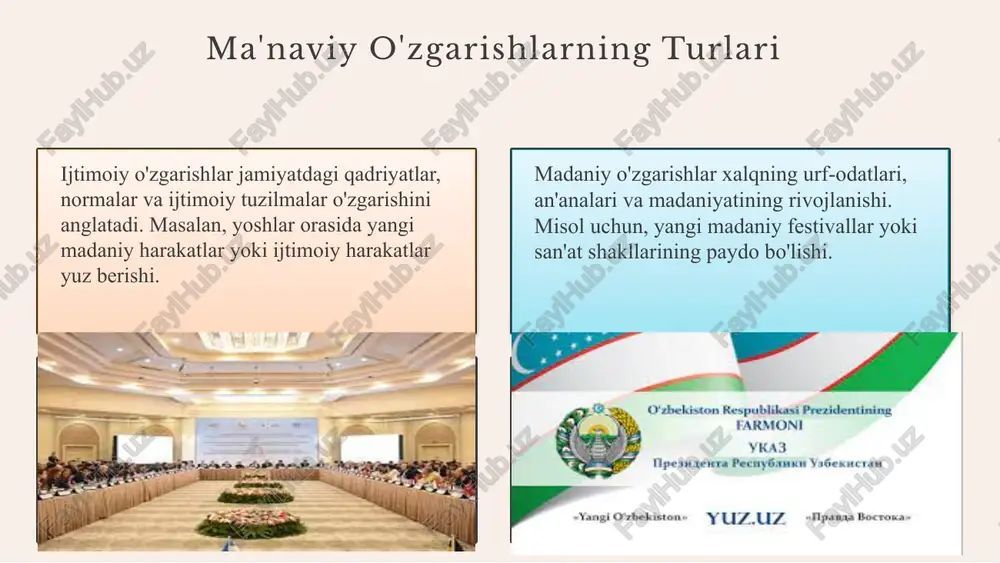 oladi. hozirgi ta'limda texnologiyalar va metodlar yordamida ma'naviy o'zgarishlar amalga oshirilmoqda. onlayn ta'lim va ijtimoiy dasturlar bu jarayonni qo'llab-quvvatlamoqda. kelajakda ma'naviy o'zgarishlar o'zbekistonda kelajakda ma'naviy o'zgarishlar rivojlanish yo'nalishlarini ko'rsatadi. texnologik innovatsiyalar, global madaniyat bilan integratsiya, yoshlar ishtiroki, milliy identitetni saqlash va dini-irodali qadriyatlarni rivojlantirish asosiy yo'nalishlardir. bu jarayonlarda madaniyat va ta'lim hamda texnologiya bilan an'analarni uyg'unlashtirish, yoshlar va jamiyatda ma'naviy qadriyatlarni mustahkamlash muhim ahamiyatga ega. yondashuvlar va ularning ta'siri yangi o'zbekistonda amalga oshirilayotgan yondashuvlar madaniyat, ta'lim va iqtisodiy rivojlanishga qaratilgan keng strategiyalarni o'z ichiga oladi. ijtimoiy ta'sir muhim rol o'ynaydi, bu yondashuvlarning jamiyatdagi o'zgarishlarni kuchaytirishi va barqarorlikni ta'minlashda yordam berishi haqida. yondashuvlar yoshlar, mutaxassislar va jamoatchilik o'rtasida yangi qadriyatlar va fikrlar shakllanishiga olib keladi, bu umumiy rivojlanishga xizmat qiladi. photo by declan sun on unsplash 1 2 3 ijtimoiy o'zgarishlar ijtimoiy o'zgarishlar jamiyatning ta'lim, ish bozorlari va siyosiy tashkilotlariga ta'sir qiladi. sanoat inqilobi kabi misollar bilan, ularning ijtimoiy qatlamlar va …