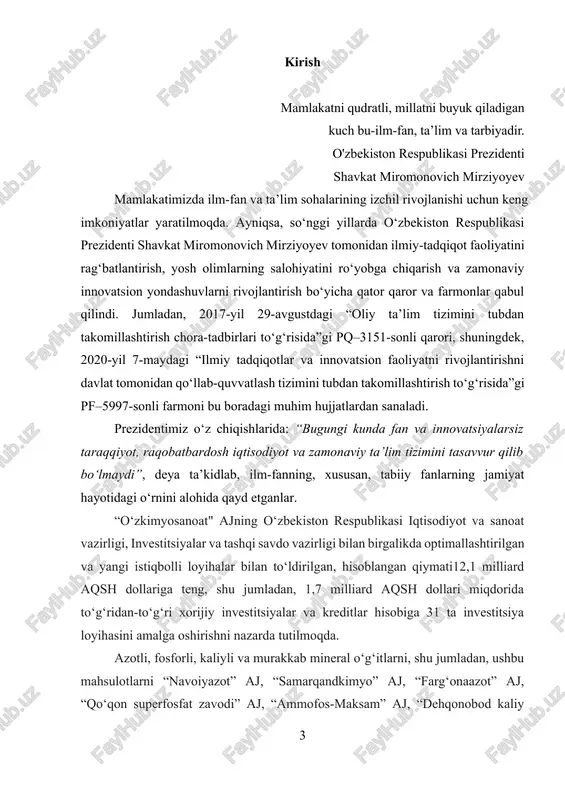 allashtirilgan va yangi istiqbolli loyihalar bilan to‘ldirilgan, hisoblangan qiymati12,1 milliard aqsh dollariga teng, shu jumladan, 1,7 milliard aqsh dollari miqdorida to‘g‘ridan-to‘g‘ri xorijiy investitsiyalar va kreditlar hisobiga 31 ta investitsiya loyihasini amalga oshirishni nazarda tutilmoqda. azotli, fosforli, kaliyli va murakkab mineral o‘g‘itlarni, shu jumladan, ushbu mahsulotlarni “navoiyazot” aj, “samarqandkimyo” aj, “farg‘onaazot” aj, “qo‘qon superfosfat zavodi” aj, “ammofos-maksam” aj, “dehqonobod kaliy zavodi” mchj negizida, shuningdek, sirdaryo viloyatining yangiyer shahri va navoiy viloyatining tomdi tumanida ishlab chiqarish bo‘yicha amaldagi quvvatlarni modernizatsiya qilish, kengaytirish hamda energiya jihatidan samarador yangi quvvatlarni barpo etish yo‘lga qo‘yilmoqda. kurs ishi dolzarbligi: ideal gaz qonunlari zamonaviy ilm-fan va texnikaning ko‘plab sohalarida, xususan, kimyo, fizika, muhandislik va tibbiyotda keng qo‘llaniladi. gazlarning xatti-harakatlarini tushunish issiqlik mashinalari, aviatsiya, atmosfera hodisalari va sanoat jarayonlarini to‘g‘ri boshqarish uchun muhimdir. bugungi kunda gazlar bilan bog‘liq texnologiyalarni rivojlantirish, ekologik muammolarni hal etish va energetika sohasida yangi yechimlar topish uchun ideal gaz qonunlarini chuqur o‘rganish dolzarb ahamiyat …