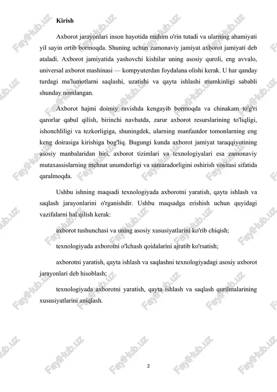 n bo'lib , "ma'lumot, tushuntirish, ko'rsatish" degan ma'noni anglatadi. ushbu atama tanish bo'lishiga qaramay, qat'iy va umumiy qabul qilingan ta'rif yo'q. informatika fanida bu atamaning eng ko'p qo'llaniladigan ta'rifi: "axborot - saqlash, o'zgartirish, uzatish va foydalanish ob'ekti bo'lgan atrofdagi dunyo haqidagi ongli bilimdir". axborot, o'z navbatida, signallar, xabarlar, bildirishnomalar, bildirishnomalar va boshqalarda ifodalangan bilimlar sifatida tushuniladi. texnologiyada "axborot" deganda belgilar yoki signallar ko'rinishida uzatiladigan xabarlar tushuniladi [5]. shunday qilib, texnologiyadagi axborot har qanday saqlanadigan, qayta ishlangan yoki uzatiladigan belgilar yoki belgilar ketma-ketligidir. signal - bu manbadan iste'molchiga uzatiladigan ma'lumotlarning moddiy tashuvchisi [8]. axborot resursning maxsus turi, ya'ni ob'ekt haqidagi ma'lum ma'lumotlarning maxsus ombori sifatida juda ko'p xususiyatlarga ega. axborotning asosiy xossalari 1-rasmda keltirilgan [2, p. 12]. axborotning tabiat va jamiyatning boshqa ob'ektlaridan ajralib turadigan o'ziga xos xususiyati dualizm yoki dualizmdir: axborotning xususiyatlariga uning mazmuniy qismini tashkil etuvchi dastlabki ma'lumotlarning xususiyatlari ham, ushbu ma'lumotlarni yozib olish usullarining xususiyatlari ham ta'sir qiladi. …