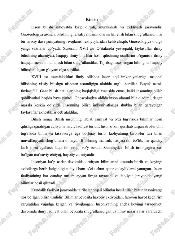 ida yangi bilimlar hosil qilinadi. kundalik faoliyat jarayonida tajribalar orqali bilimlar hosil qilish butun insoniyatga xos bo’lgan bilish usulidir. bilimlar bevosita hayotiy extiyojdan, farovon hayot kechirish zaruratidan vujudga kelgan va rivojlangan. insoniyatning ancha keyingi taraqqiyoti davomida ilmiy faoliyat bilan bevosita shug’ullanadigan va ilmiy nazariyalar yaratuvchi alohida sosial guruh vujudga keldi. bular — ilm-fan kishilari bo’lib, ilmiy nazariyalar yaratish bilan shug’ullanadilar. bilish nazariyasi bilishning mohiyati, shakllanish va rivojlanish qonuniyatlari, xususiyatlarini o`rganish falsafa tarixida muxim o`rin egallab kelmokda. inson o`z bilimi tufayli borliq, tabiat, jamiyatni va nixoyat, o`z-o`zini o`zgartiradi. bilishga qaratilgan inson faoliyatini va uni amalga oshirishning eng samarali usullarini tadqiq etish falsafa tarixida muxim ahamiyatga ega. bilish insonning tabiat, jamiyat va o`zi to`g`risida bilimlar xosil qilishga qaratilgan aqliy, ma’naviy faoliyat turidir. inson o`zini kurshab to`rgan atrof-muxit to`g`risida bilim va tasavvurga ega bo`lmay turib, faoliyatning biron-bir turi bilan muvaffakiyatli shug`ullana olmaydi. bilishning maxsuli, natijasi ilm bo`lib, har qanday kasb-korni egallash faqat ilm …