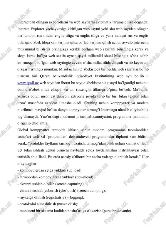ha xolatga o’aratish kerak.” ular o’uyidagilar: - komppyuterdan setga yuklash (up load) - tarmoo’dan komppyuterga yuklash (download) - ekranni ushlab o’olish (screch capturing); - ekranni tashlab yuborish (yho’otish) (serecn dumping); - ruyxatga olinish (registratsiya) (logging); - protokolni almashtirish (nusxa olish); - monitorni bir sistema kodidan bosho’asiga o’tkazish (pereobrozovanie) ushbu atamani to‘g‘ri izohlash maqsadida qator ensiklopediya va lug‘atlarga murojaat qilishga to‘g‘ri keldi. sababi ayni atama texnologik xarakterga ega bo‘lib, neologizmlar sirasiga kiradi. konvergentsiya lotincha «convergo» so‘zidan olingan bo‘lib, «yaqinlashayapman», «qo‘shilayapman» ma'nolarini anglatar ekan. termin allaqachon biologiya, etnografiya, tilshunoslikdagi o‘zaro mutanosib birlashish jarayonlariga nisbatan qo‘llanilib kelishiga qaramay, texnikaga nisbatan yaqinda ishlatila boshladi. bu jihatdan uning ma'nosi turli xil elektron texnologiyalarning tez rivojlanishi va o‘zaro ishlashi natijasida yagona tizimga birlashish, qo‘shilish jarayonini anglatadi internetning vatani bo‘lmish aqsh bugun siyosiy, iqtisodiy va ijtimoiy ko‘rsatkichlarga ko‘ra texnologik jarayonlar rivojining markazida turadi. amerika jurnalistikasining takomili ham aynan axborot-kommunikatsion texnologiyalar zamirida amalga oshmoqda. mutaxassislarning fikriga ko‘ra, bugun …