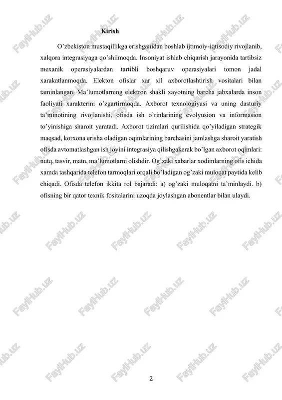 xshashini yarat) - xujjat originalini xuddi uziday aks ettiradi. bunda, uzatishda xabar elementlarini skanerlash yuli bilan uzgartiriladi. kabul kilish apparati katordagi ketma-ket signallarni kabul kilib, kogozdagi tasvirga aylantiradi. matnni kogozli tashuvchidan ajratib olish uchun ukish kurilmasi ishlatiladi. ofisdagi xujjatlarni kseroks yordamida nusxalash ommaviy tusga kirdi. elektron ofisga uzoq va yaqin bo’lgan turli manbalardan juda ko’p xabarlar keladi. o’z navbatida ofis xodimlari sham tashqi dunyoga o’zining axborot oqimlarini uzatadilar. telefaks tarmog’i orqali qog’ozdagi xabarlar keladi. lokal yoki global tarmoq vositalari orqali elektron xabarlar kompyuterga modem yordamida kiritiladiyoki chiqariladi. ofisda kompyuterlar axborot oqimlariga ishlov berib, birlashtirish vazifalarini bajaradi. elektron pochta kompyuterlar yordamida olingan korrespondensiyani yuborish va ishlov berishda elektron usullarni ishlatadi. u orqali xujjatlar, jadvallar, grafiklar, chizmalar, rasm va fotografiyalar, ro’znoma og’zaki xabarlar olish mumkin. elektron pochta–bu qog’ozsiz pochta, u telefon tarmog’i bilan kompyuterga ulangan. elektron pochta-pochta, telegraf, faksimil aloqa imkoniyatlaring bir qismini o’ziga olib, o’zining tezkorligi tufayli yangi axborot xizmatlarini taklif …