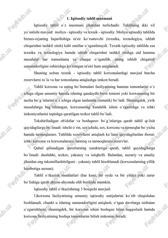 tisodiy natijalarini ko`rib chiqishdan boshlanadi, chunki u ishning samaradorligini aniqlash, o`tgan davrlarga nisbatan o`zgarishlarni, shuningdek, bir korxona ishini boshqasi bilan taqqoslash hamda korxona faoliyatining boshqa tomonlarini bilish imkonini beradi; 2)biznes-rejaning bajarilish darajasiga ta'sir etuvchi eng muhim omillarni tekshirish natijasida ichki xo`jalik rezervlarini aniqlash; 3)tahliliy tekshirishlar natijalarini umumlashtirish va shu asosda butun rezervlarni o`z ichiga olgan yig`ma rezervlarni hisoblash (to`plam rezervlar). 2. iqtisodiy tahlilning predmeti fanning predmeti, deganda shu fanda nima o`rgatilishi tushuniladi. har qanday mustaqil fan o`zining predmetiga ega. iqtisodiy tahlil fanining predmetiga keng ma'noda qaraydigan bo`lsak, u iqtisodiy fan sifatida tahlil qilinayotgan ob'ekt (korxona, birlashma, kompaniya, aktsiyadorlik jamiyati, konsern, korporatsiya kabilar) xo`jalik faoliyatining barcha sohalarini (iqtisodiy, ijtimoiy, texnik, texnologik va h.k.) o`z ichiga oladi. lekin har bir iqtisodiy fan o`ziga xos xususiyatga, o`zi o`rganadigan predmetga ega. bu faqat shu fanga xos bo`lib, imkoni boricha boshqa fanlarda takrorlanmasligi lozim. bu talab shu fanning mustaqil fan sifatida faoliyat ko`rsatishi uchun asosiy …