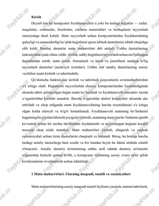 bu sinfi odatda dasturiy ta'minotni o'rganishda birinchi qadam bo'lib, u kompyuter tizimining asosiy o'zaro ta'sir qilish ko'nikmalarini rivojlantirish uchun ishlatiladi. 1 matn muharrirlari. ularning maqsadi, tasnifi va xususiyatlari matn muharrirlarining asosiy maqsadi matnli fayllarni yaratish, matnni tahrirlash, uni ekranda ko‘rish, matn hujjatining formatini o‘zgartirish va chop etishdan iborat. kompyuter klaviaturasida terilgan matn muharrirning ish joyidagi displey ekranida aks etadi. maxsus belgi, kursor, foydalanuvchi muharrir yordamida hozirda manipulyatsiya qilishi (belgilarni yaratish yoki o'zgartirish va h.k.) mumkin bo'lgan ekrandagi joyni ko'rsatadi. matn muharriri bilan ishlashda siz kursorning joriy holati haqidagi ma'lumotlarni ekranda ko'rishingiz mumkin, ya'ni uning ekrandagi koordinatalari (satr raqami va chiziq ichidagi joylashuvi), shuningdek, matnning sahifa raqami, uning formati, foydalanilgan shrift va boshqalar. deyarli har bir matn muharririning interfeysi muharrirni boshqarish uchun ekrandagi buyruqlar menyusini yaratishga imkon beradi - ish rejimlarini o'zgartirish, matnni formatlash, yordam so'rash va hokazo. faqat matn, balki bajarilayotgan buyruqni ko'rsatuvchi piktogrammalar ham. . matn muharrirlarining tasnifi. . …
