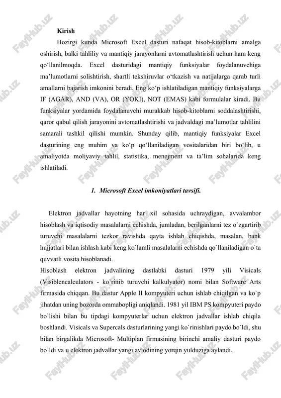 ng yangi ko`rinishlari paydo bo`ldi, shu bilan birgalikda microsoft- multiplan firmasining birinchi amaliy dasturi paydo bo`ldi va u elektron jadvallar yangi avlodining yorqin yulduziga aylandi. hisoblashlar natijalarini ko`rgazmaliroq tasvirlash uchun joylashtirilgan grafik rejimlarining paydo bo`lishi, bu elektron jadval rivojlanishining navbatdagi qadami bo`ldi. 1983 yil lotus firmasining 1-2-3 paketlari chiqib, kutilgandan xam ziyodroq muvaffaqiyatga erishdi. ammo 1997 yil microsoft firmasi tomonidan excel dasturi taqdim etildi, u hozirgi kunda ham o`z sinfidagi eng quvvatli dastur hisoblanadi. shubha yo`qki, excel eng ommabop dasturlardan biridir. bu dastur ixtiyoriy axborotni (matnlar, sonlar, sana va hokazolarni) qayta ishlab chiqish va saqlash imkonini beribgina qolmasdan, balki qilgan ishingiz natijasini bezash, ko`rgazmaliroq ko`rsatish va chop etish imkoniyatini beradi. bunda siz winword dasturidagi tahrirlash vositalaridan foydalanishingiz mumkin. dastlab excelning ommaviy imkoniyatlarini o`zlashtirish qiyin emas, ammo dasturning murakkabligi va imkoniyatlarining juda kengligi sababli ular bilan tanishish uzoq davom etishi mumkin, binobarin, aynan ish jarayonida uning yangi-yangi imkoniyatlarini ko`rish mumkin. 2. …